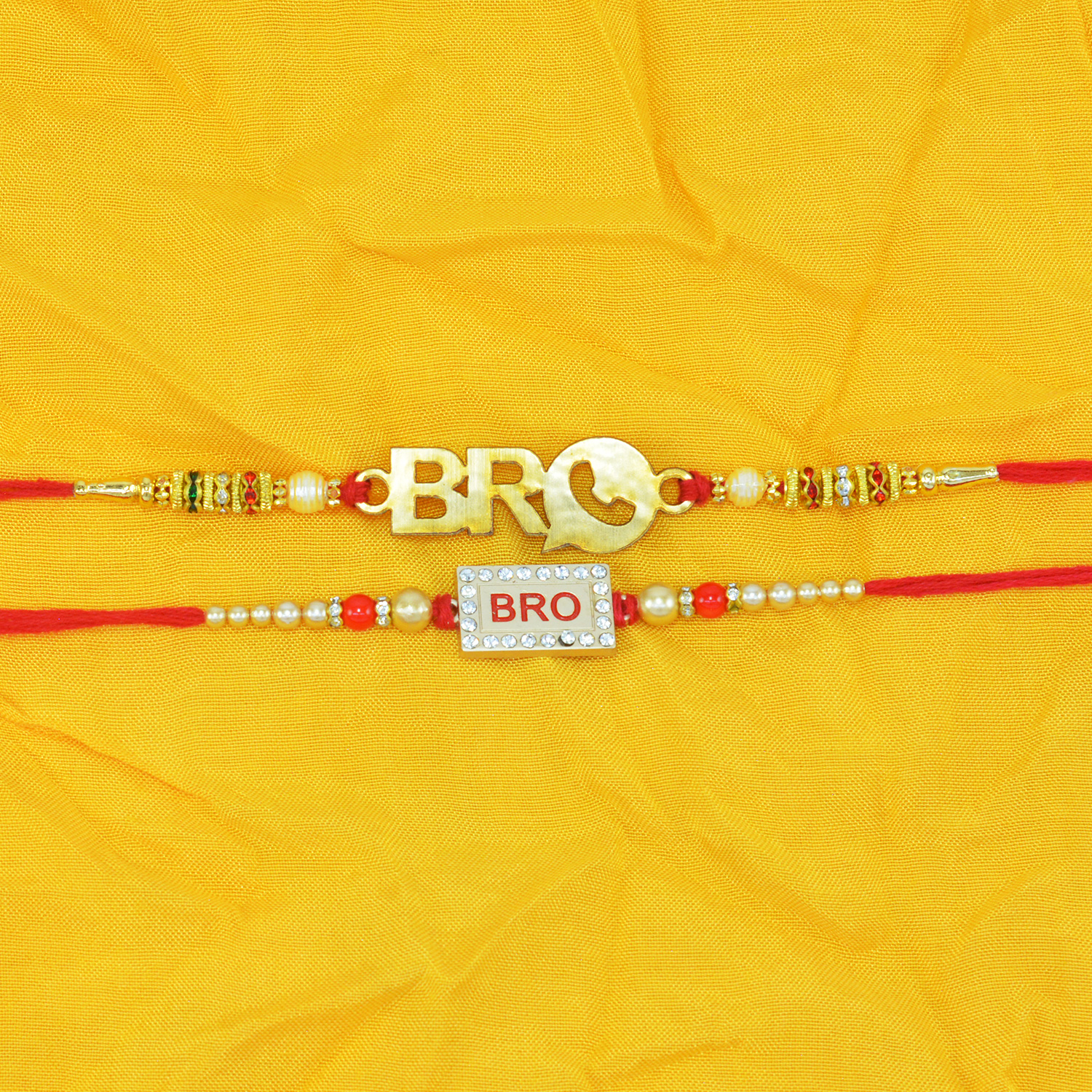 Bro Written Special Beads and Jewel Mauli Thread 2 Brother Rakhis Set of 2
