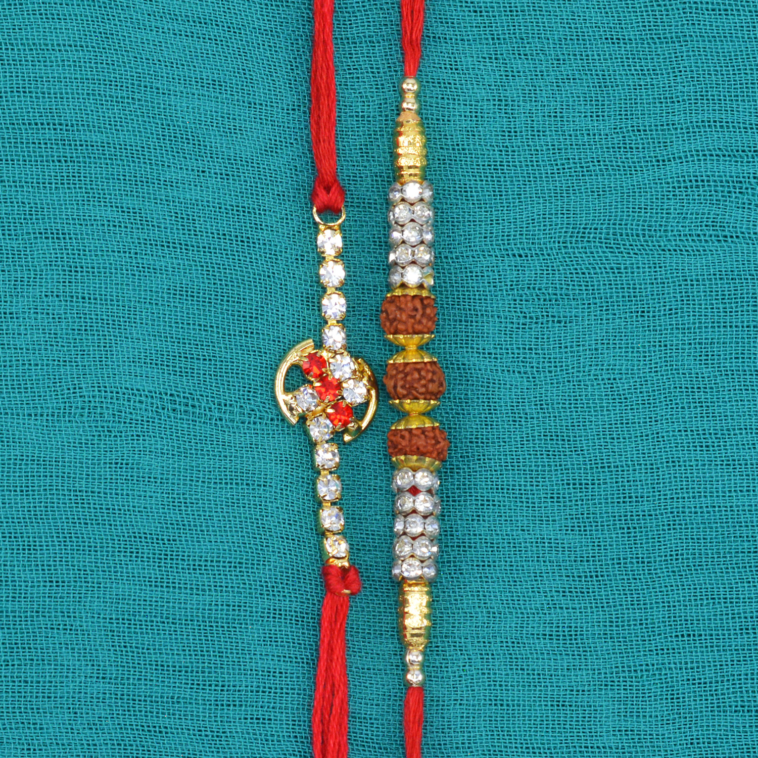Auspicious 3 Rudraksha and Jewels Studded Stunning Looking 2 Brother Rakhis Set