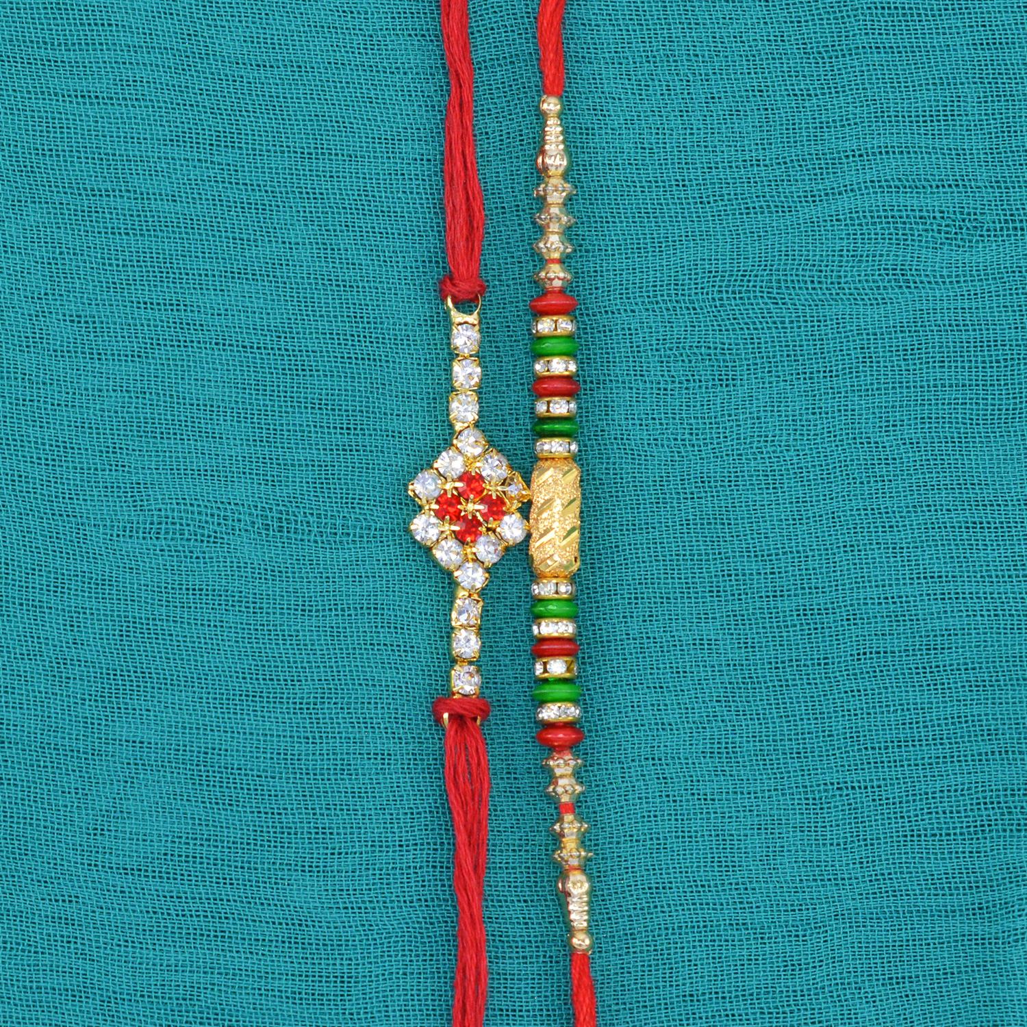 Simple And Marvelous Looking Mauli Thread and Jewel Rakhi for 2 Brothers