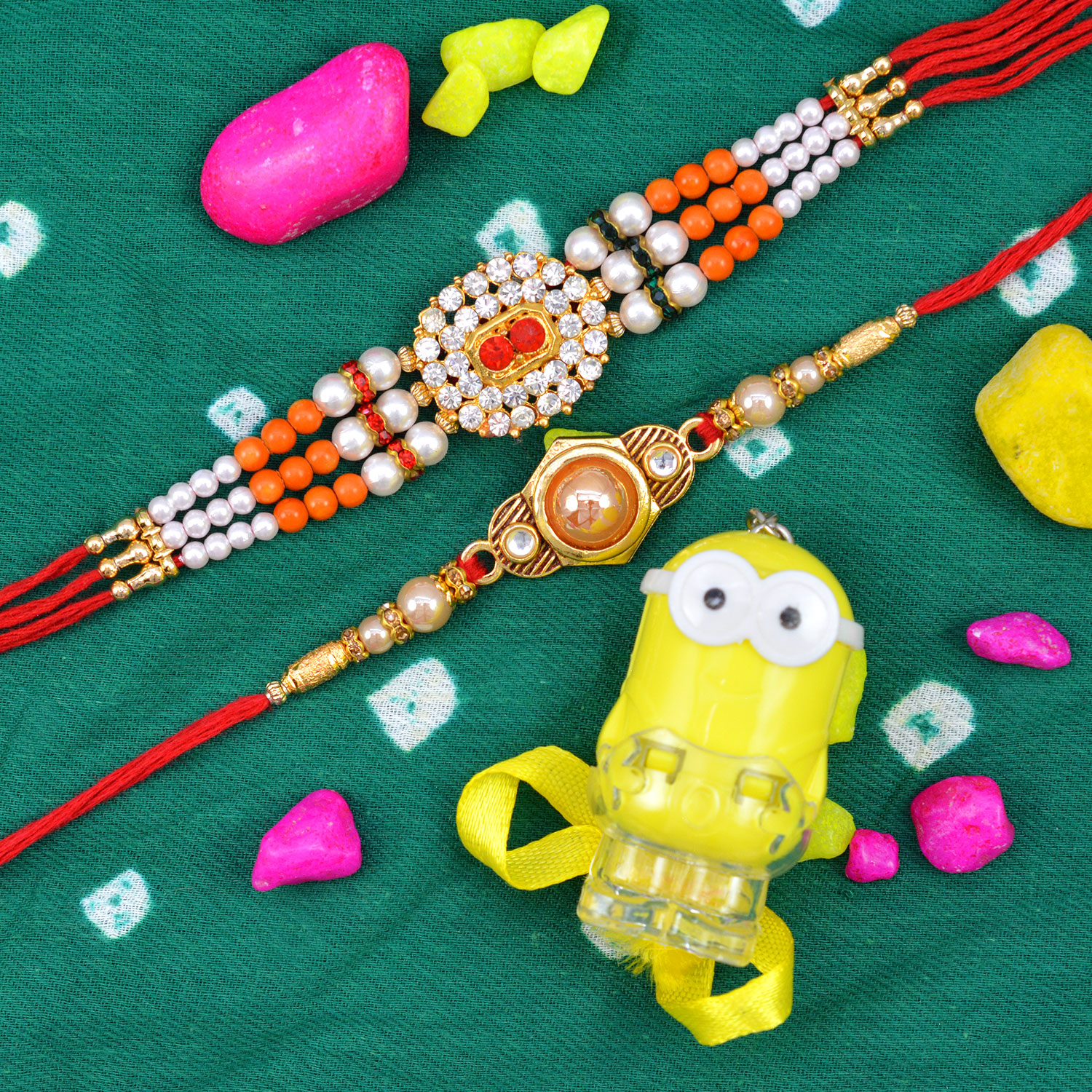 Two Pear and Jewel Brother Rakhis with One Kid Special Minions Rakhi Set of 3