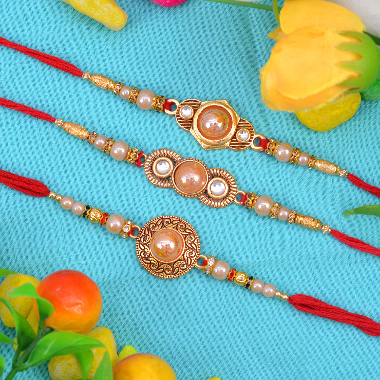 Eye Catching Nicely Work handcrafted Pear Rakhi Set of 3 Rakhis for Brother