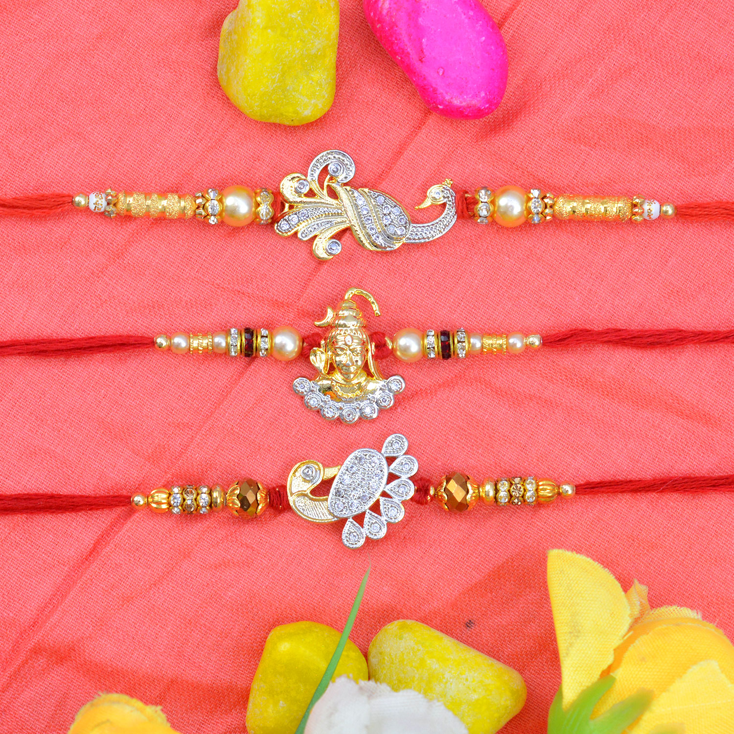 Two Golden and Silver Color Peacock with One Sacred lord Shiva Brothers Rakhi Set of 3