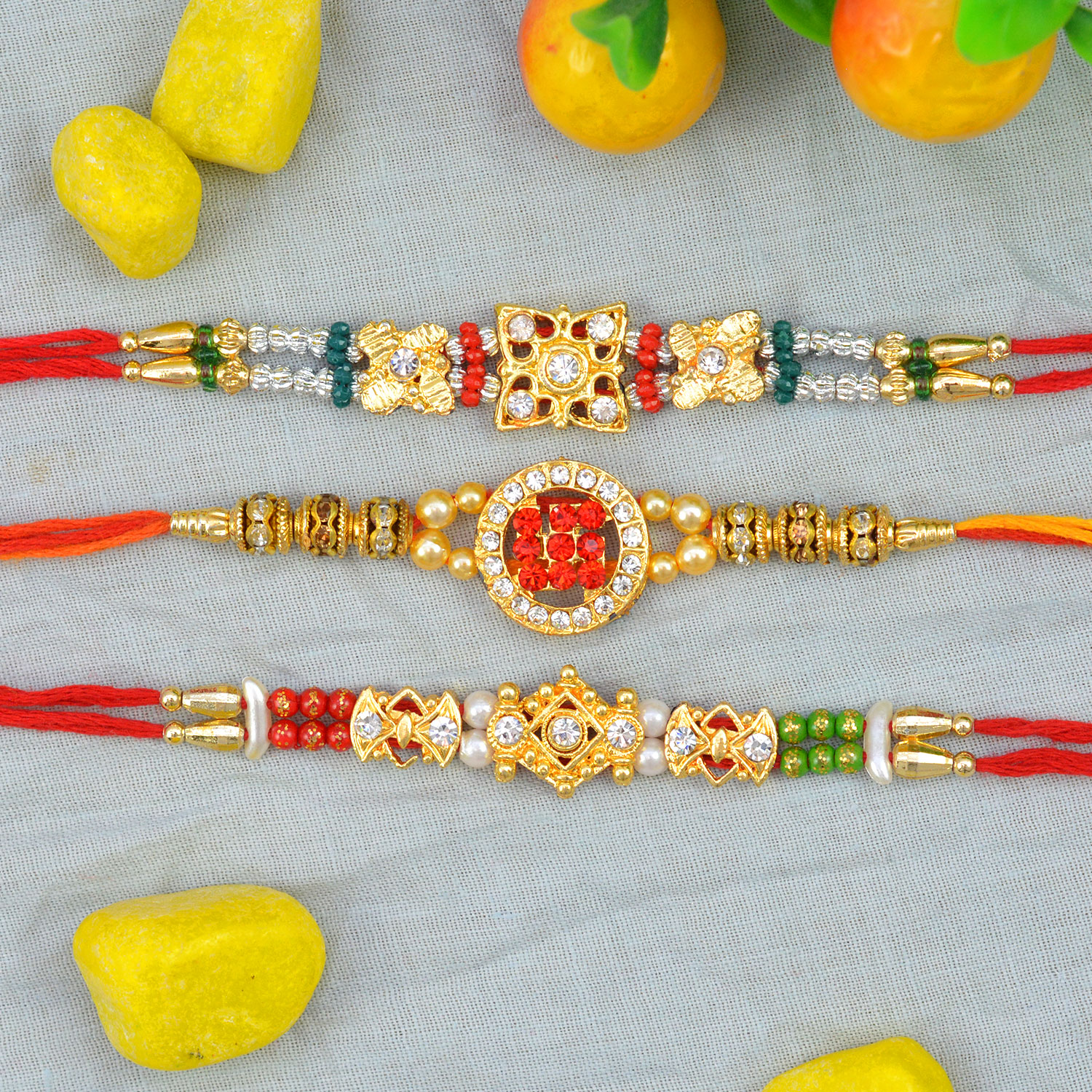 Colorful Beaded and Marvelous Jewel Studded Brother Rakhis Set of 3