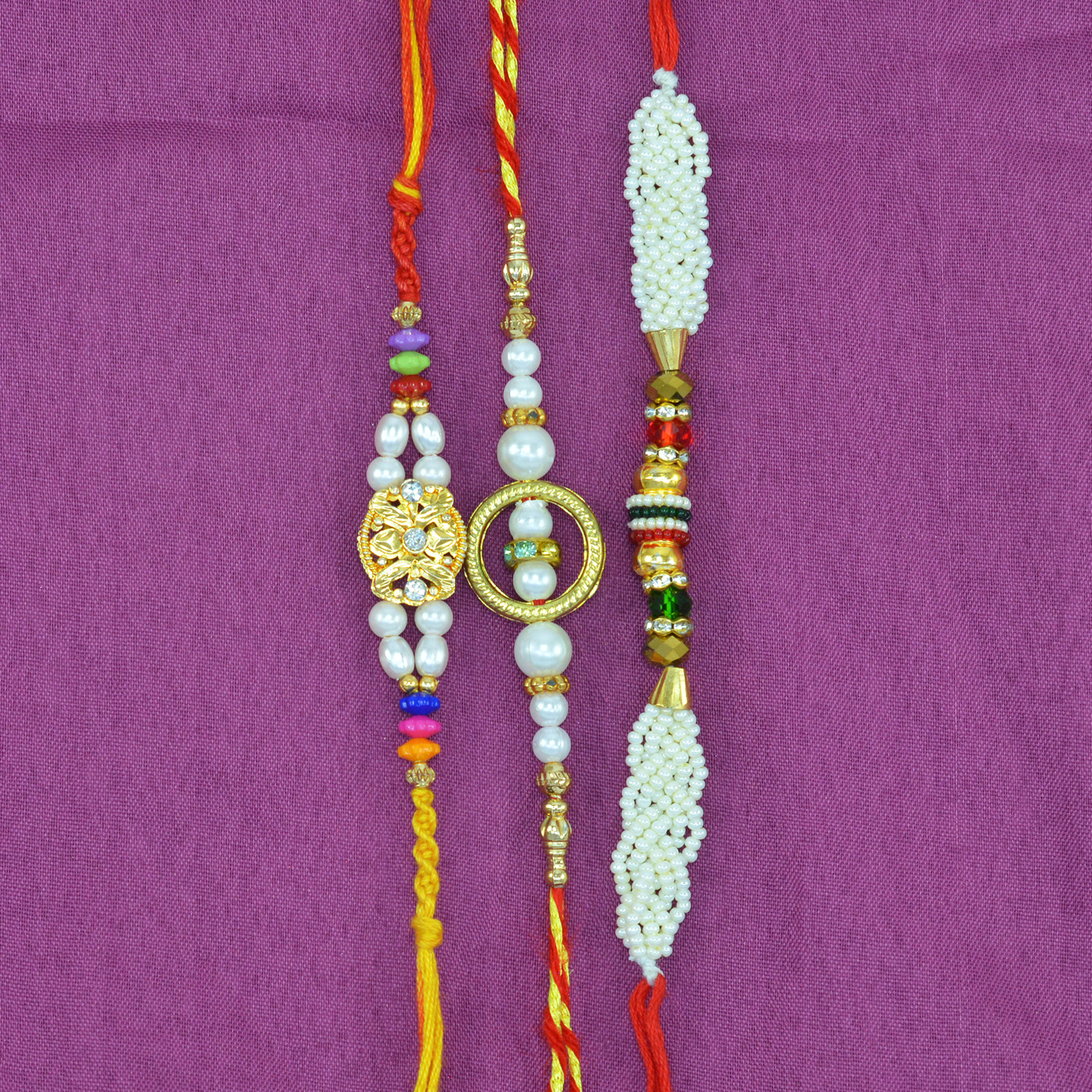 White Beads Special Fancy and Thread Liner Stunning Looking Rakhis Set of 3