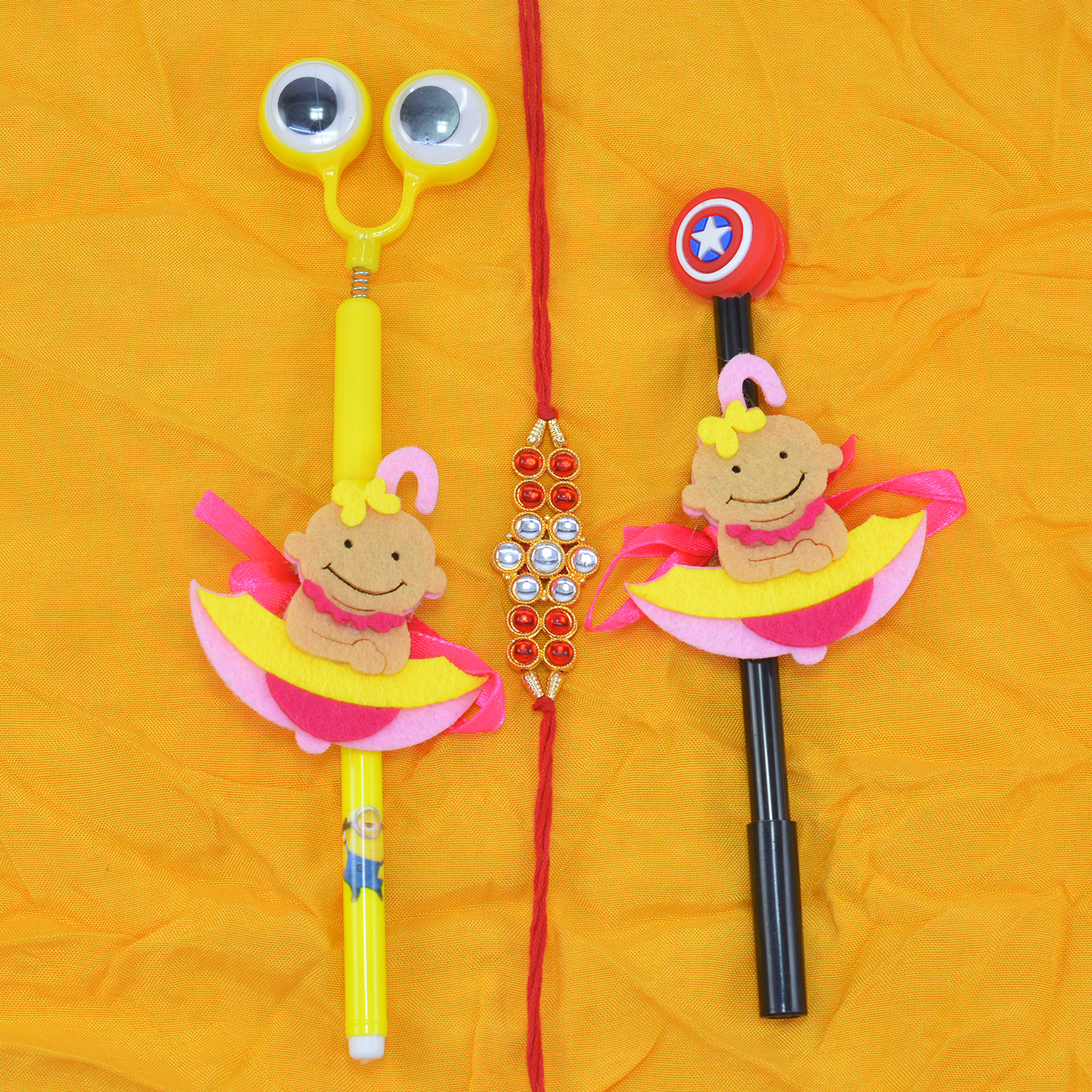 Small Happy Kids with Toy 2 Kids Rakhi and Single Jewel Studded Brother Rakhi Set of 3