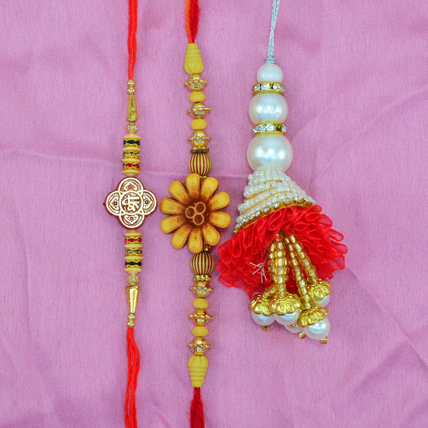 Shri Written and Flower Special Two Amazing Brother Rakhis with Red Color Awesome Lumba Rakhi