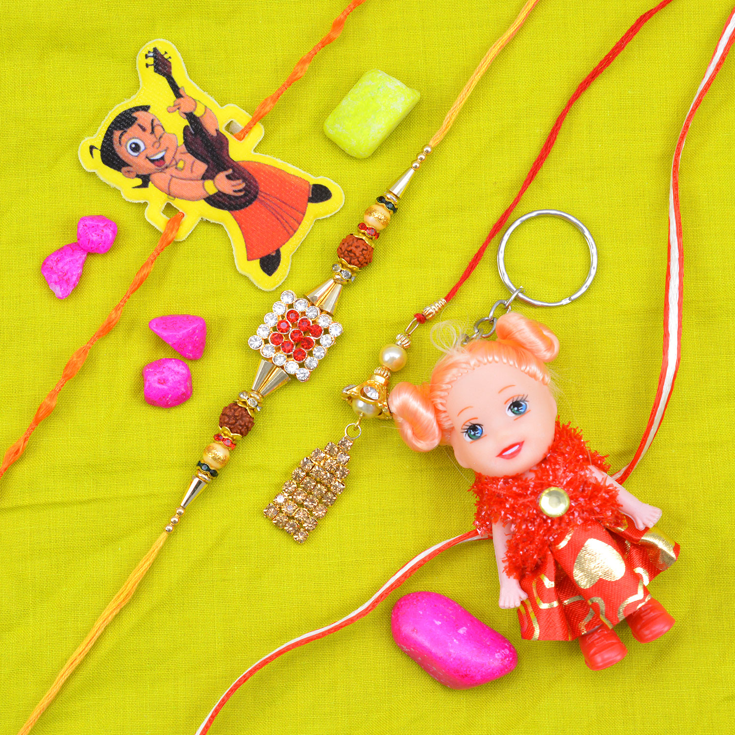 Chota Bheem and Doll Kid Rakhis Set with Amazing Pair of Jewel Studded Bhaiya Bhabhi Rakhis