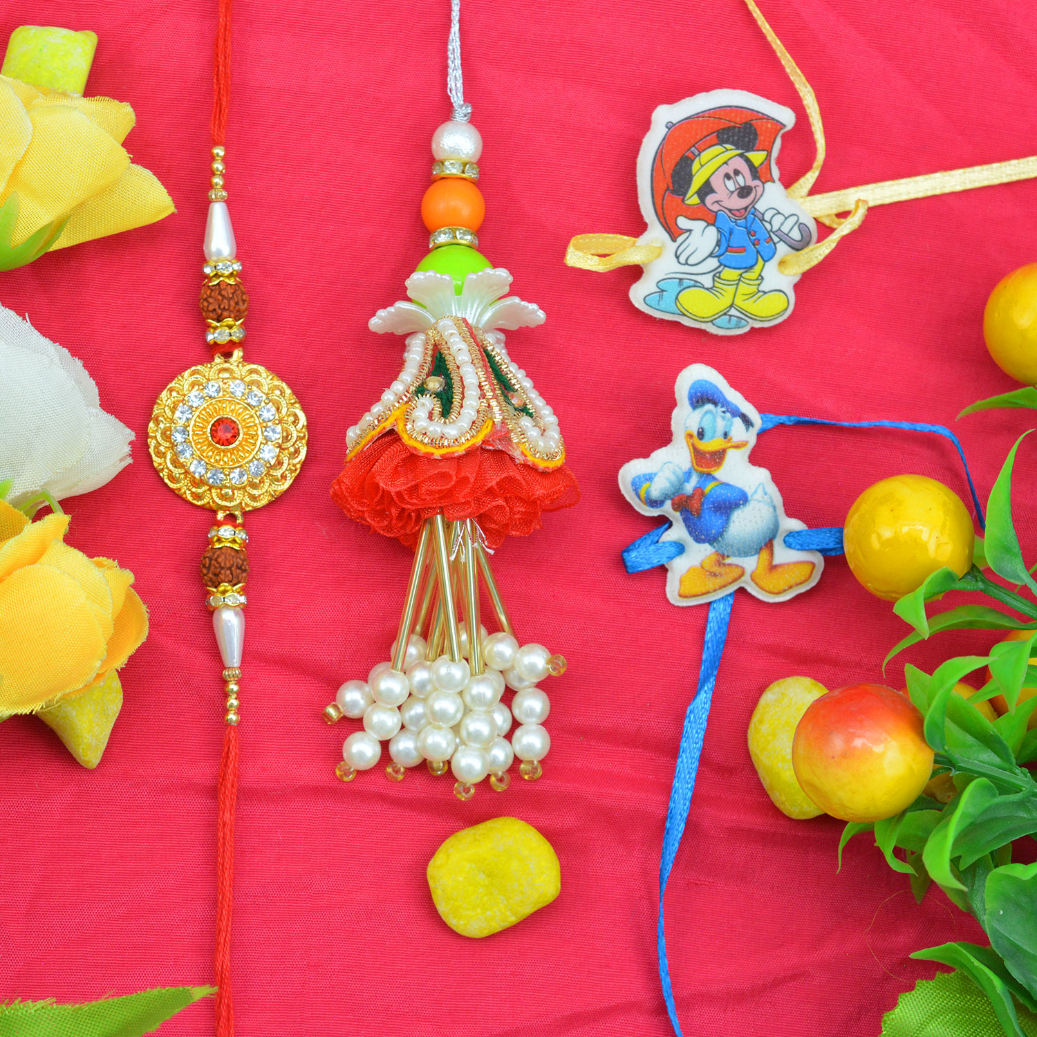 Golden Coin Shaped Brother Rakhi with Red Lumba and 2 Mickey and Duck Kid Rakhi Set of 4