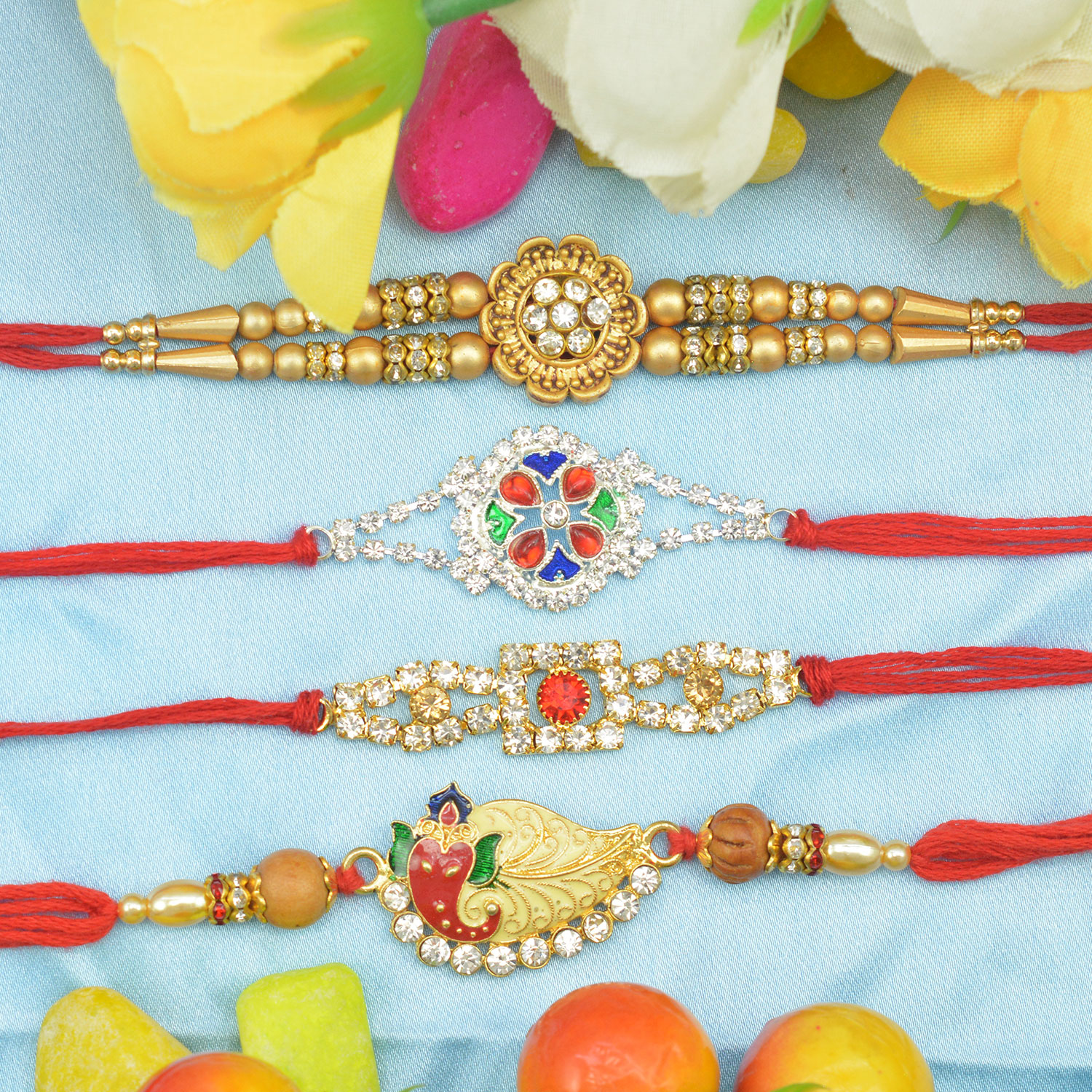 Red Threaded Mauli and Golden Beaded Flower Shape Brother Rakhis Collection of 4