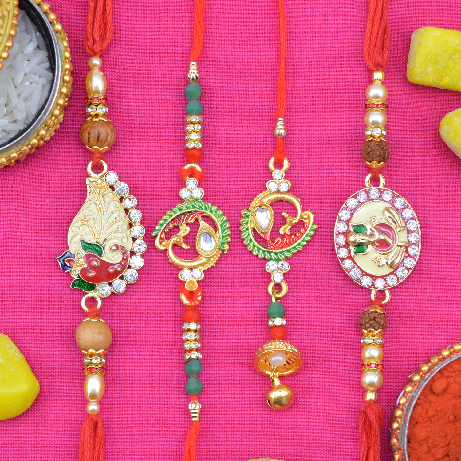 Bhaiya Bhabhi Rakhi Set with 2 Jewel Studded Colored 2 Brother Rakhis Collection of 4 Rakhis