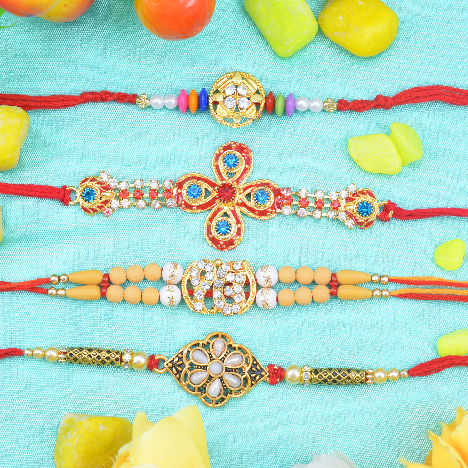 Different Designs Amazing Looking Colorful 4 Set of Rakhis for Brother 
