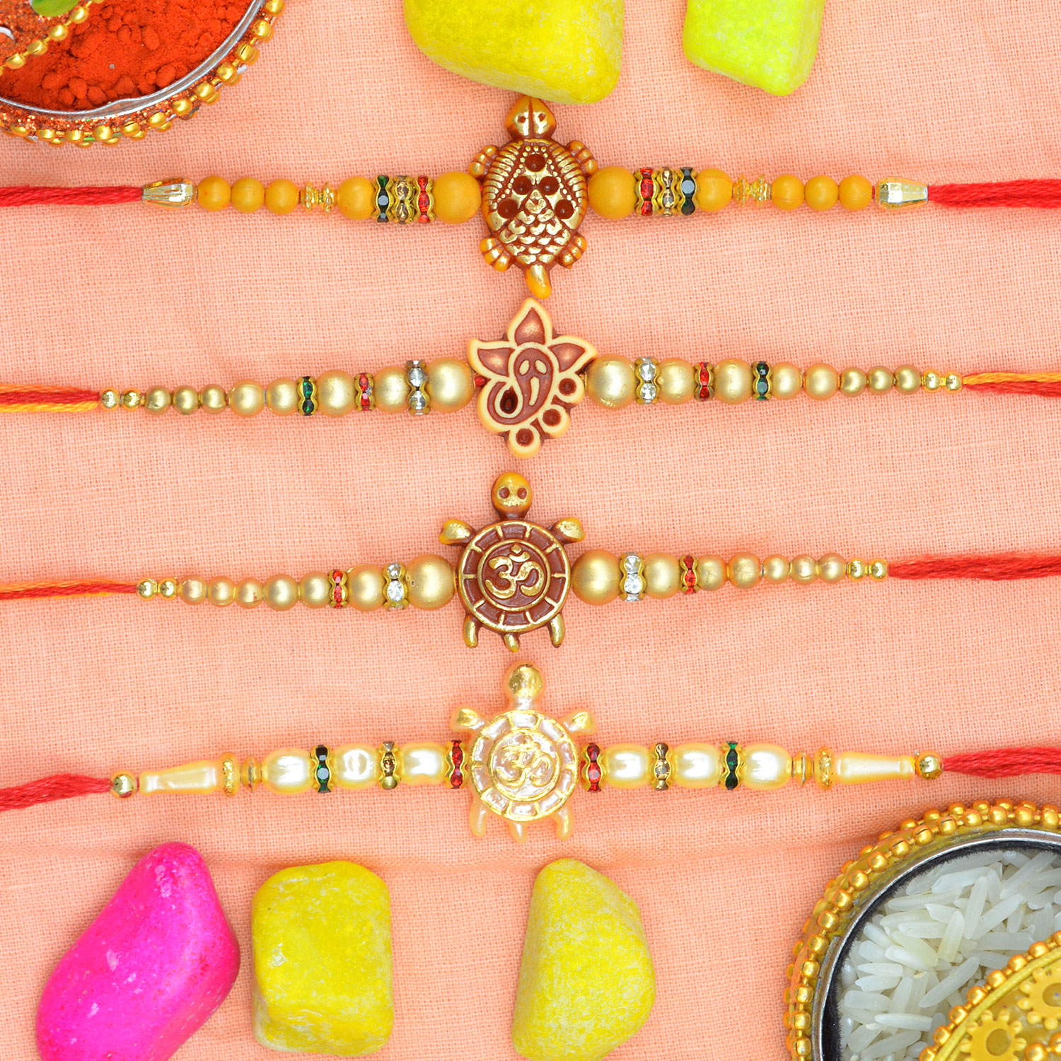 Peacock Designs Golden Color and Beaded 4 New Rakhis Set for Brothers