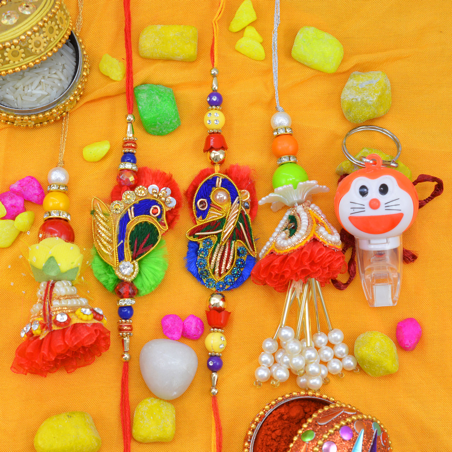 Lovely Peacock Colorful Bhaiya Bhabhi Rakhi with 2 Lumba and One Toy Kid Rakhis Set of 5
