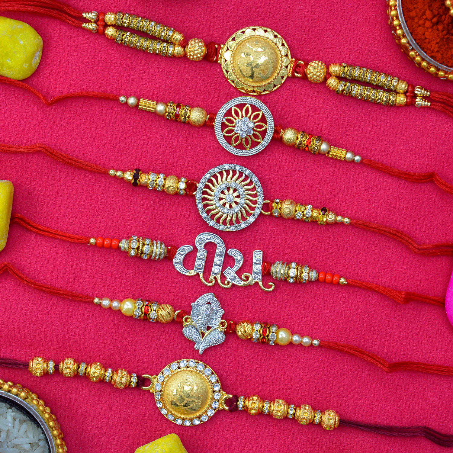 Golden and Silver God Brother Rakhis Collection of 6 Beautiful Brother Rakhis 