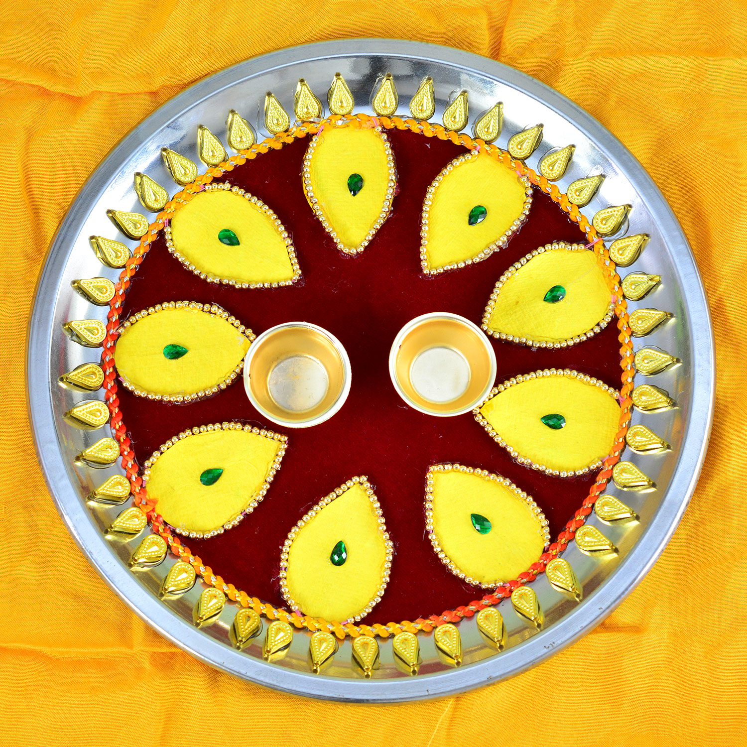 Leaf Designed Type Yellow Colored Elegant Raksha Bandhan Pooja Thali