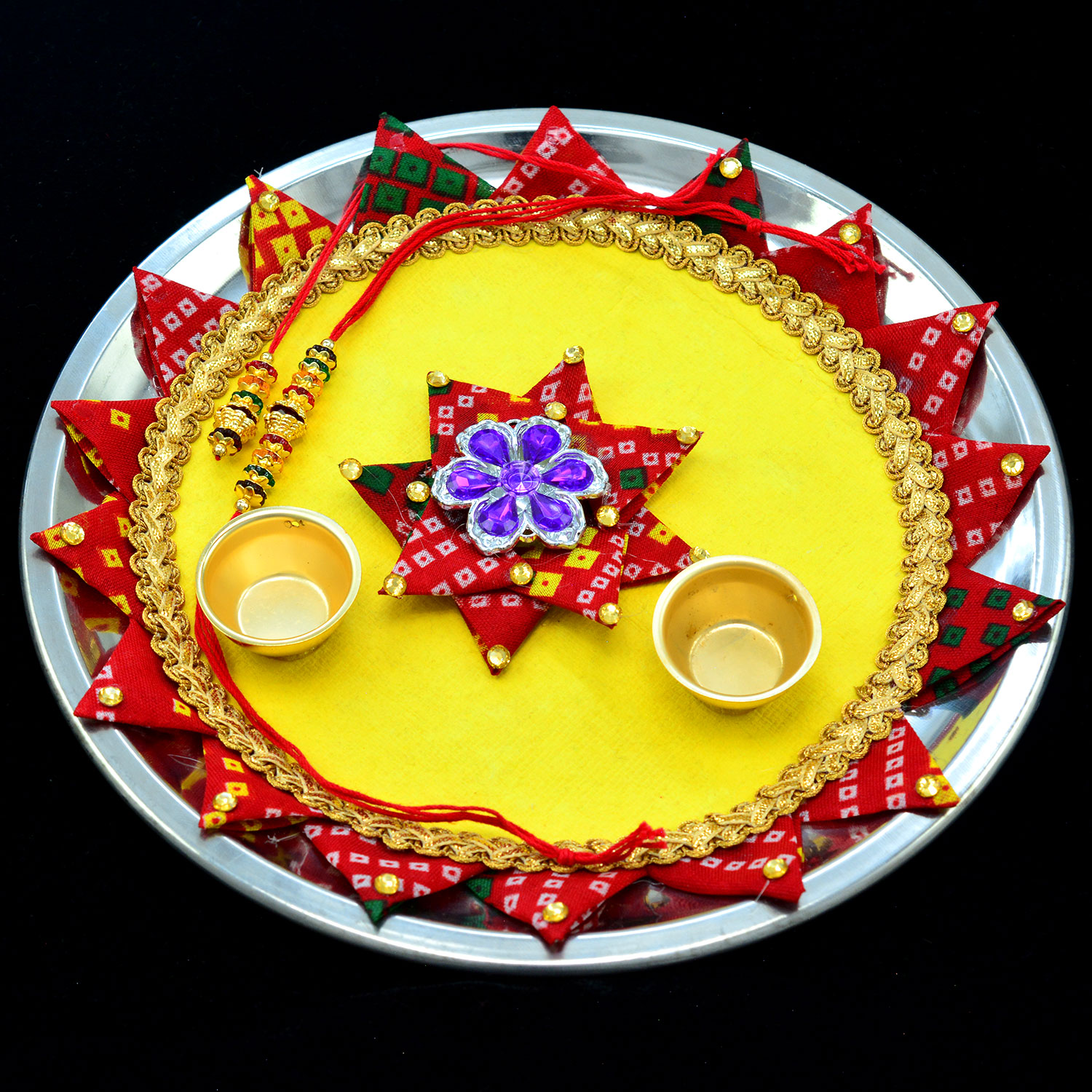 Antique Designs Flower Yellow Base Pooja Rakhi Thali