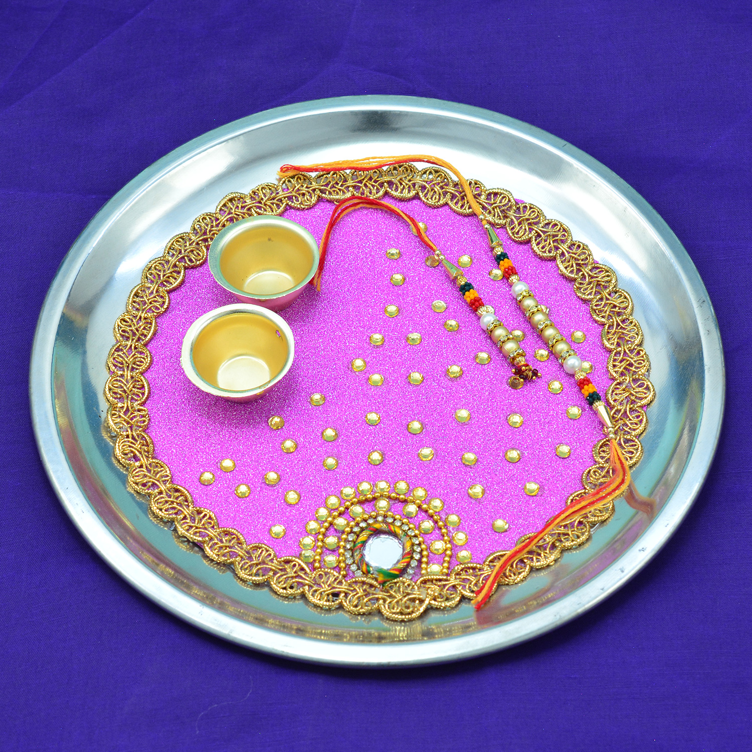 Pink Colored Jewel Studded Zardosi Design Rakhi Puja Thali