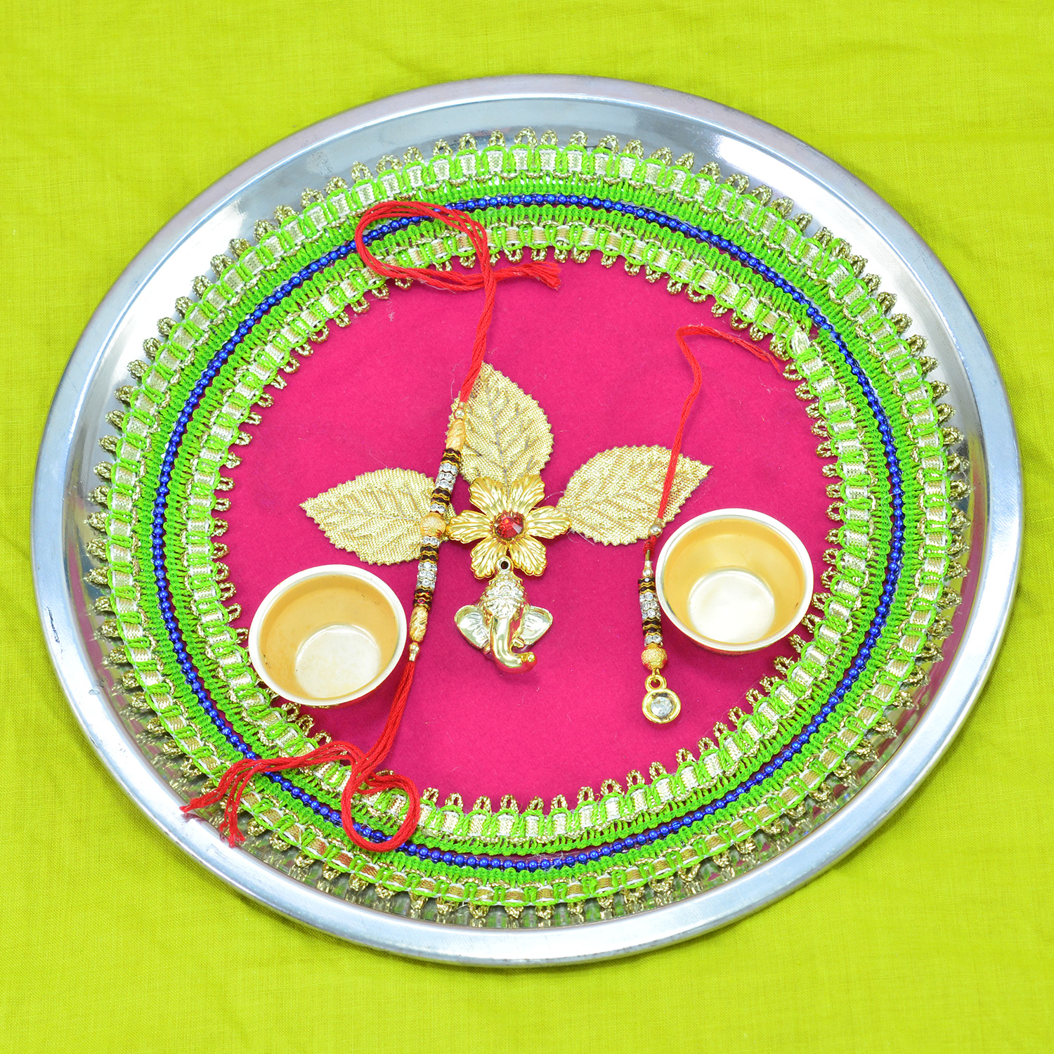 Green and Pink Colored Ganesha Rakhi Pooja Thali