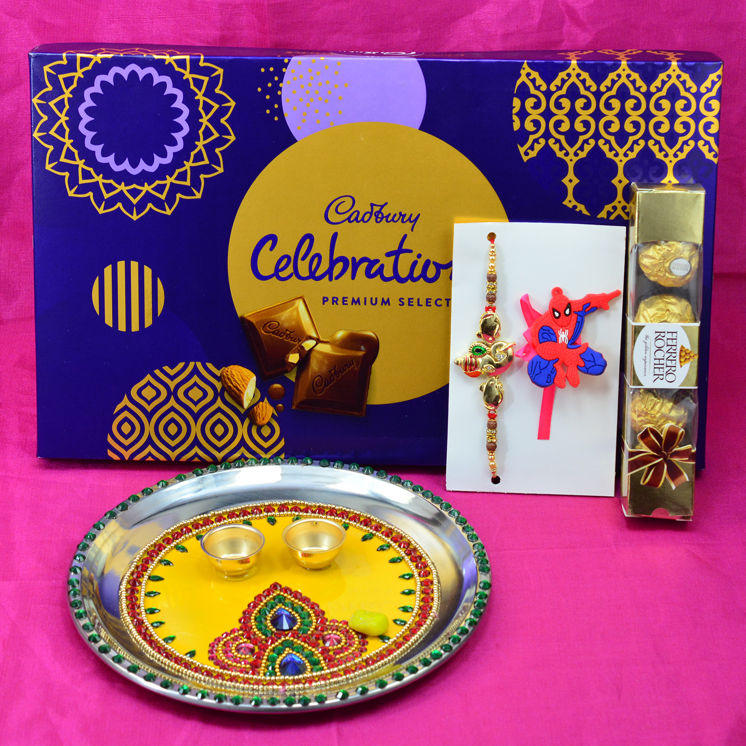 Ferrero Rocher and Cadbury New Edition Special Celebration Pack with Multiple Rakhis and Rakhi Puja Thali Hamper