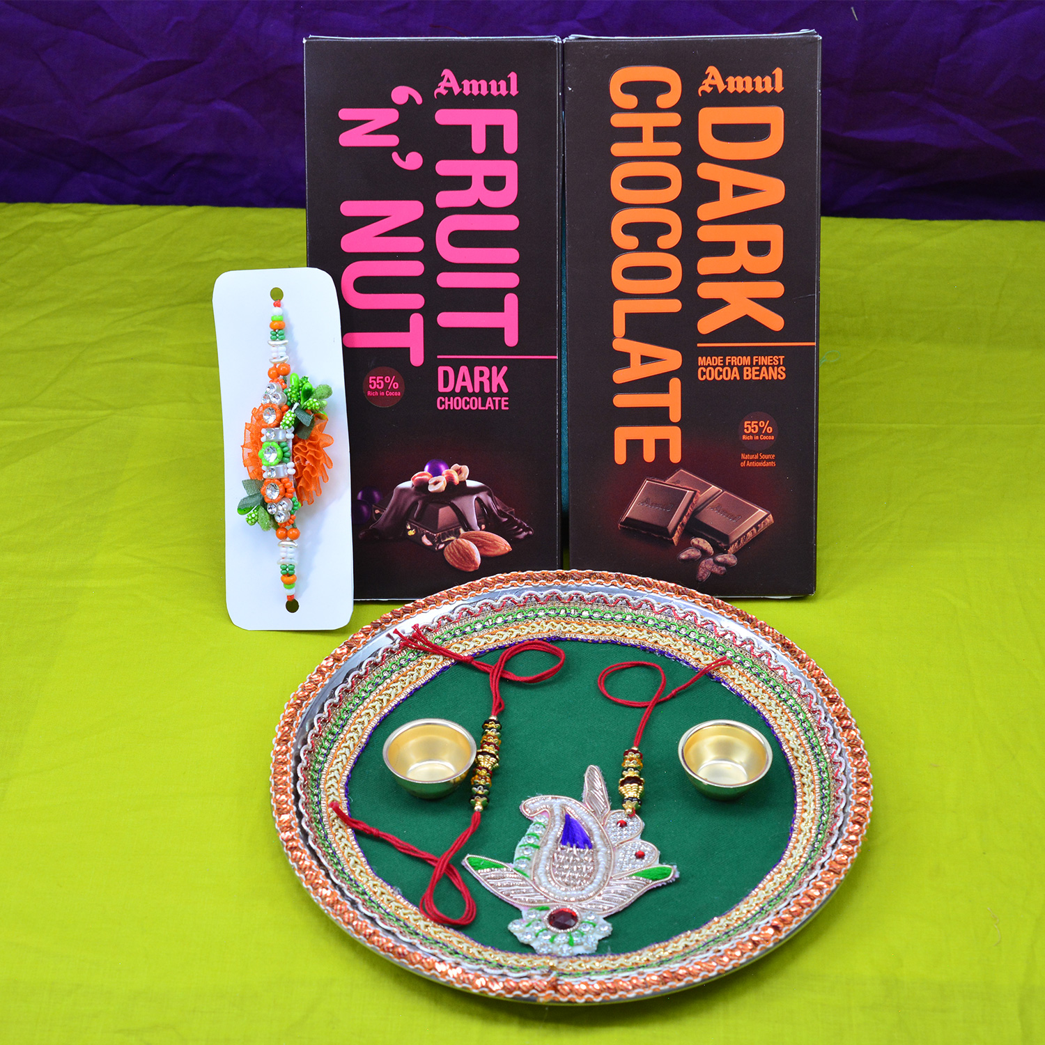 Branded Amul Chocolates with Dark Green Base Handcrafted Pooja Thali Hamper