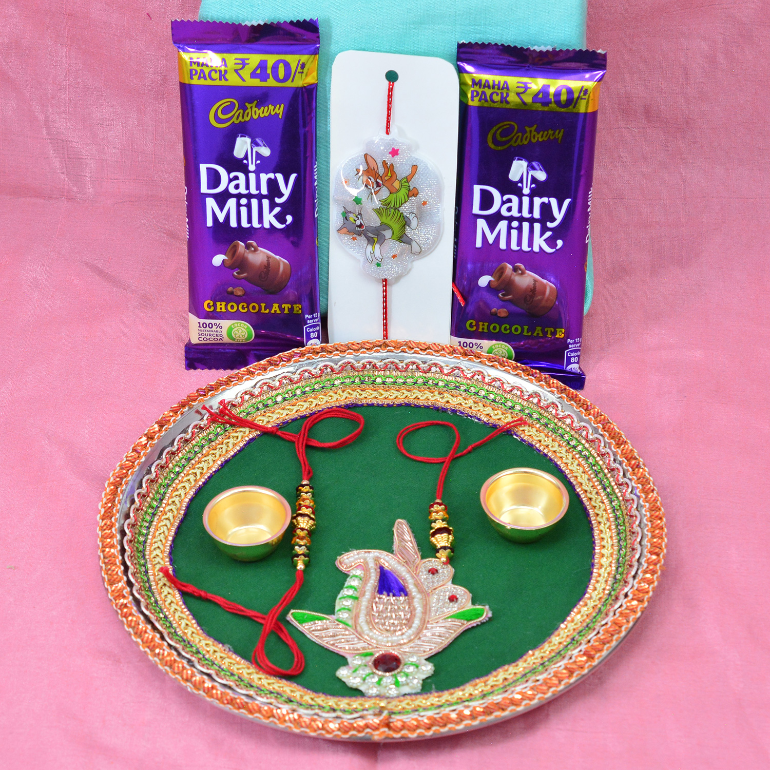 Dairy Milk Small Chocolates with New Design Elegant Looking Rakhi Pooja Thali Hamper