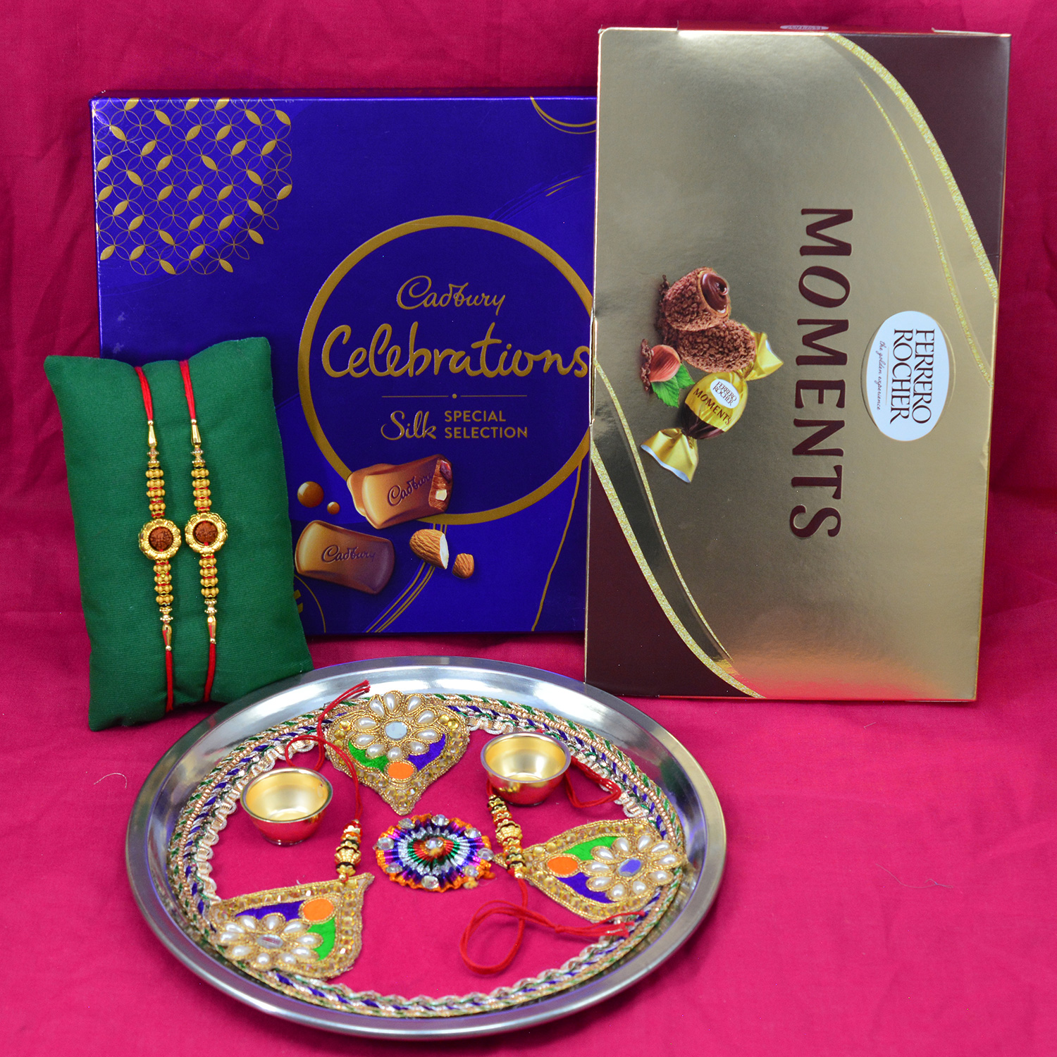Moments and Cadbury New Edition Chocolates Pack with Pink Base Unique Design Rakhi Puja Thali