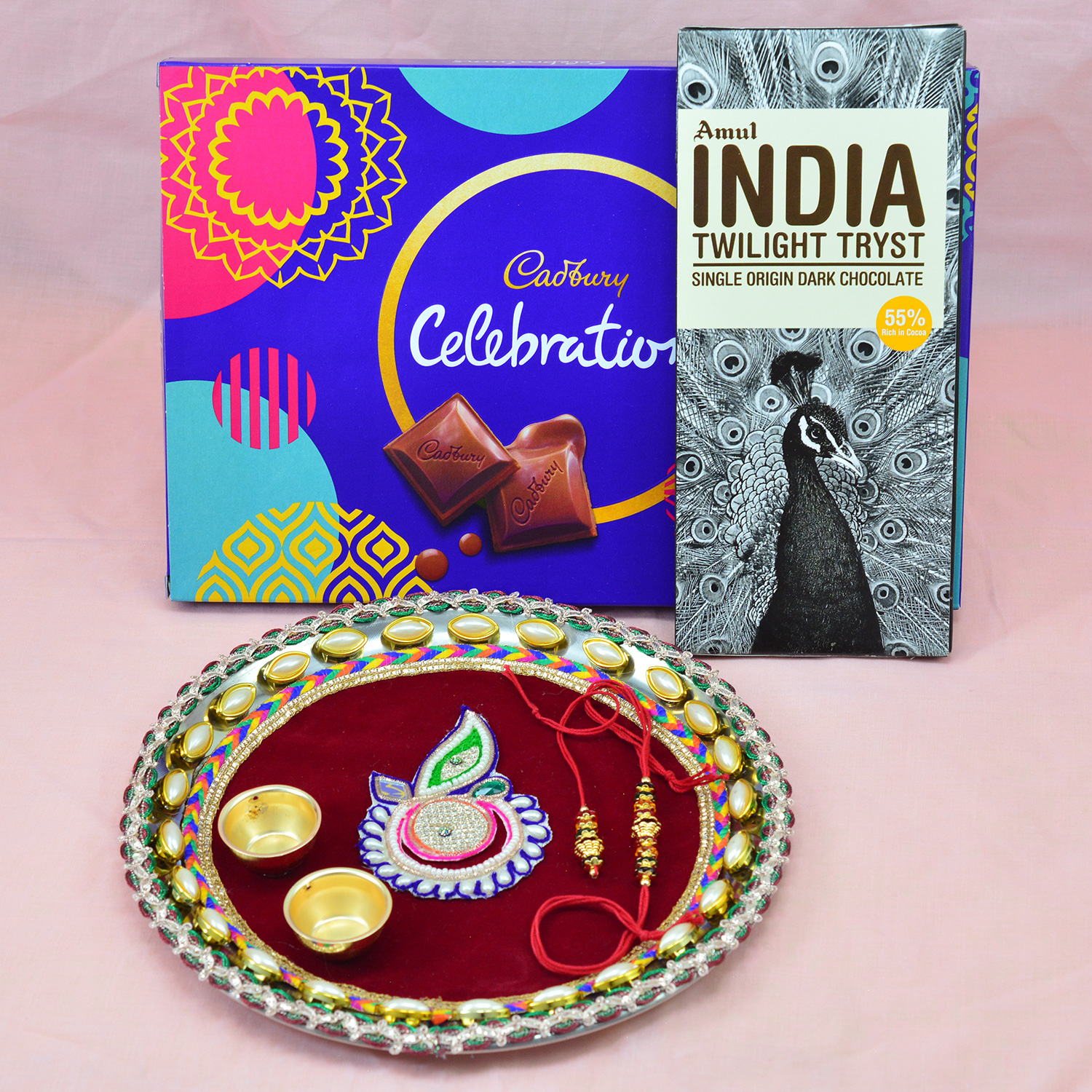 Cadbury and Amul Chocolate Pack in One Hamper with Rich Work Awesome Looking Rakhi Pooja Thali