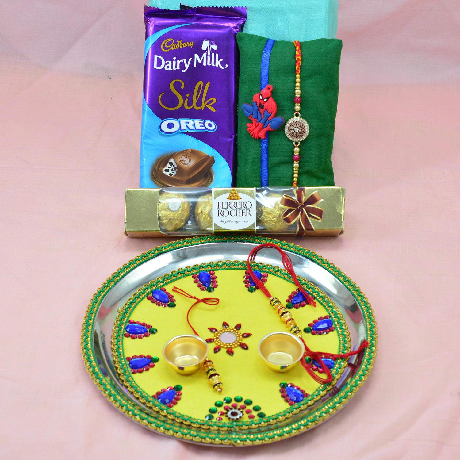 Silk and Ferrero Rocher Chocolates Pack with Light Yellow Color New Antique Design Awesome Rakhi Thali for Pooja