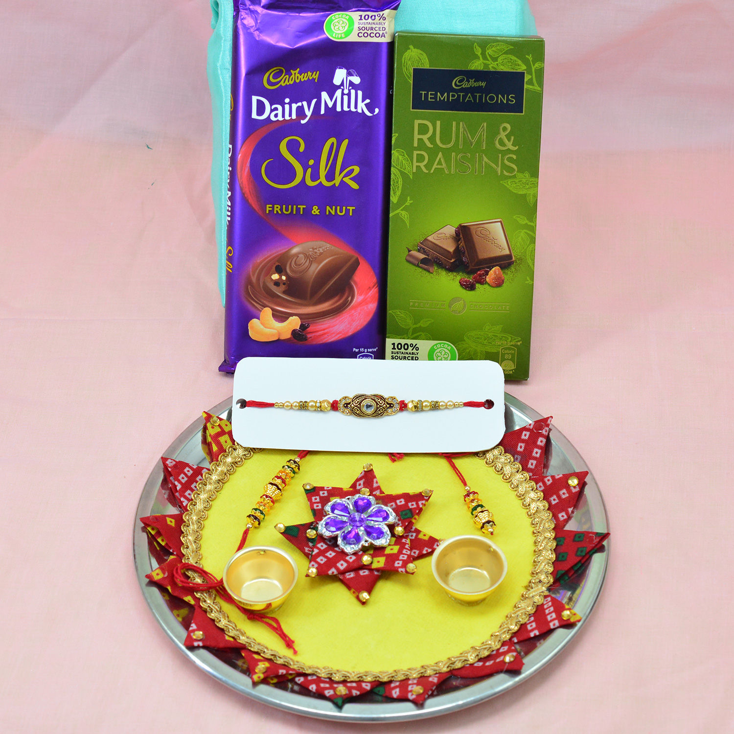 Cadbury Silk Fruit and Nut with Rum Raisins Chocolate and Awesome Looking New Rakhi Pooja Thali