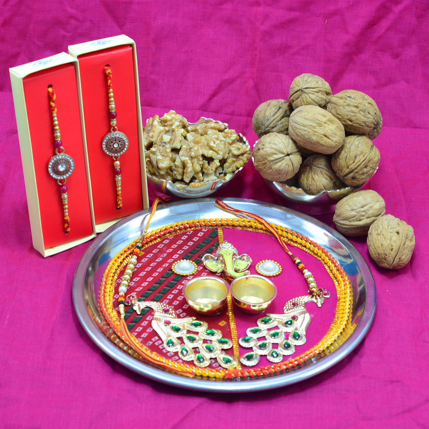 Akhrot Dry Fruits with Colorful Shri Ganesha Rakhi Pooja Thali and Multiple Rakhis for Family