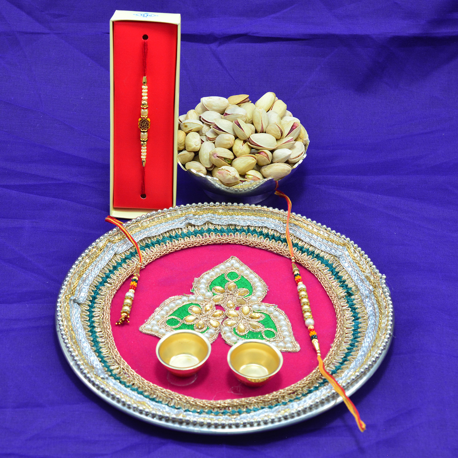 Pistachios Fresh Branded Dry Fruits with Amazing Looking Handcrafted Rakhi Pooja Thali