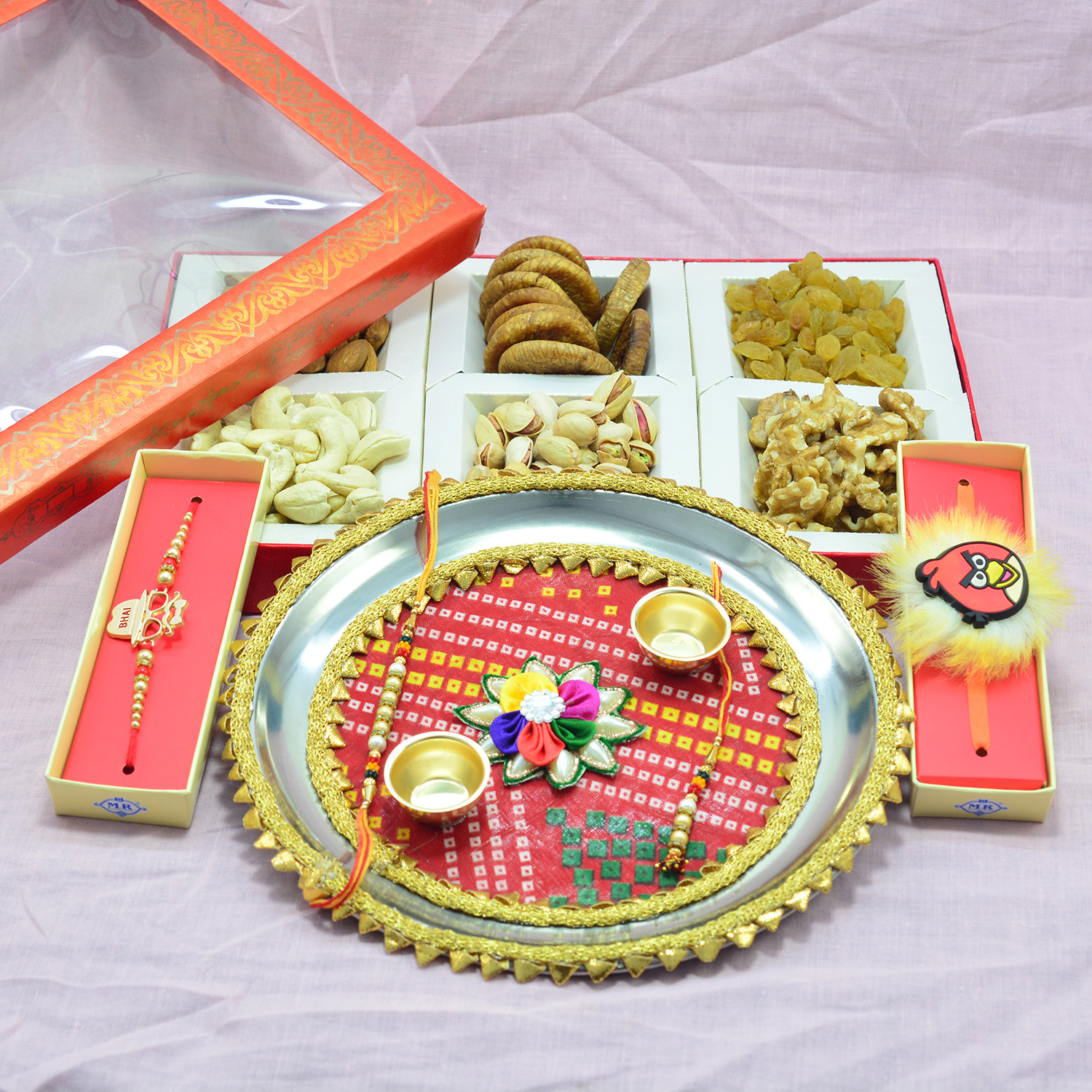 6 Types of Dry Fruits with Special Rakhis and Colorful Attractive Looking Rakhi Pooja Thali
