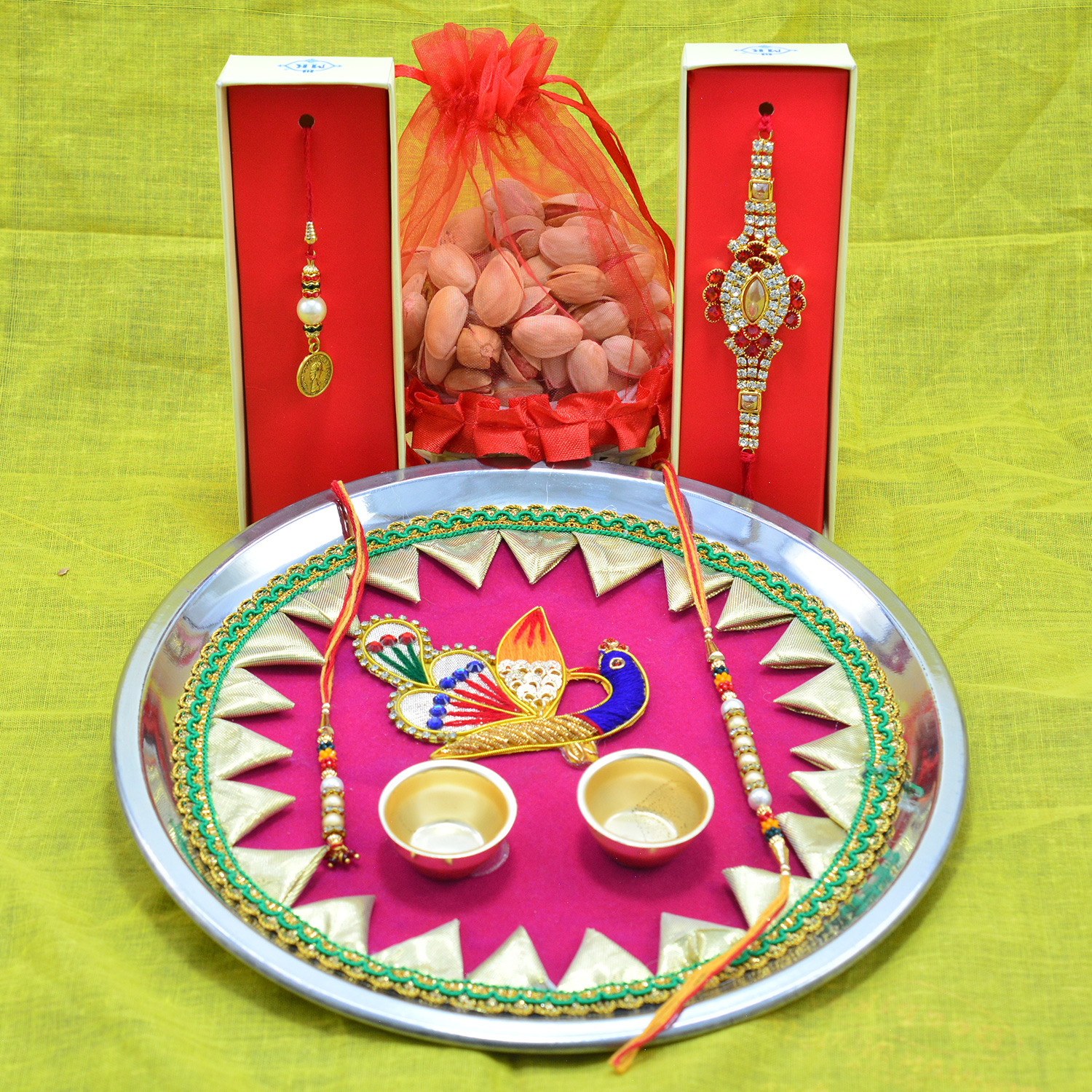 2 Bhaiya Bhabhi Rakhis with Pista Dry Fruits and Peacock Designer Awesome Looking Rakhi Puja Thali