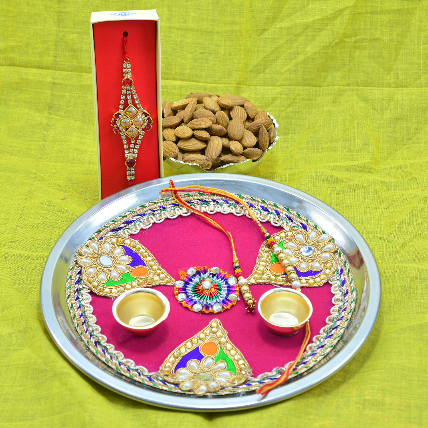 Pan Shape Design Pink Color Pooja Thali with Pure Branded Almonds Dry Fruits Hamper