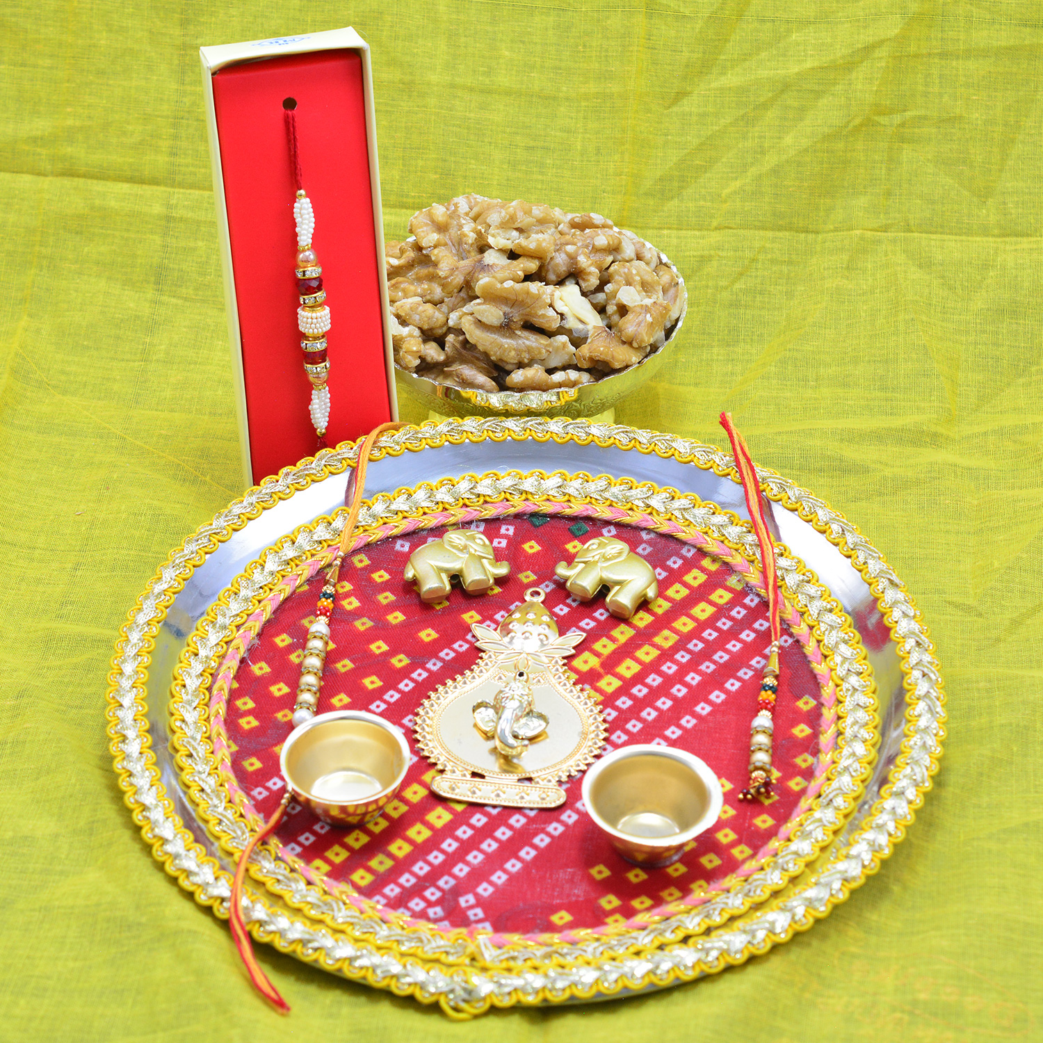 Akhrot Dry Fruits with Special Bhai Thread Rakhis and Rajasthani Design Rakhi Pooja Thali