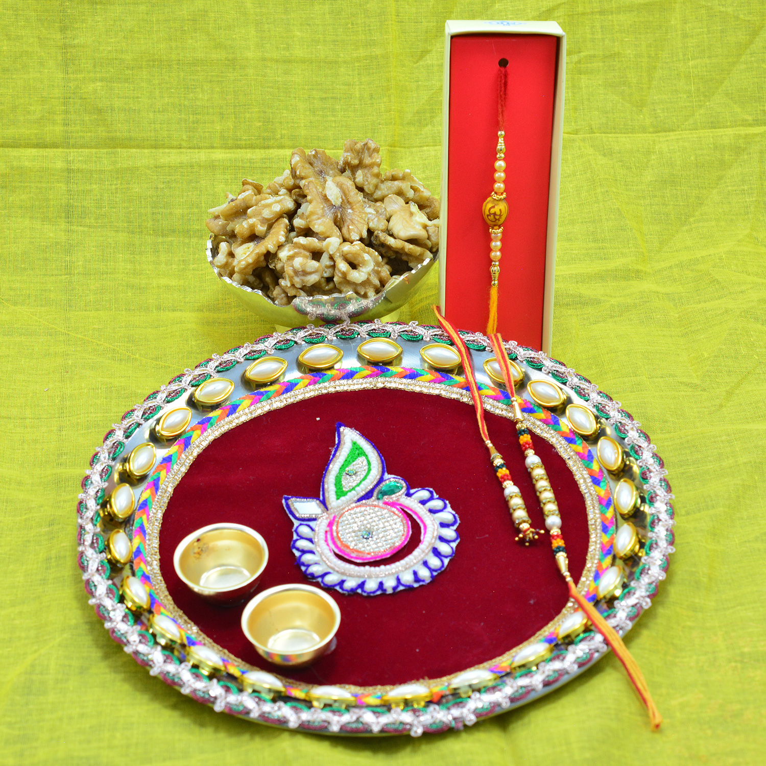 Stunning Traditional Crafted Pooja Thali Rakhi with Delicious Walnut Dry Fruit