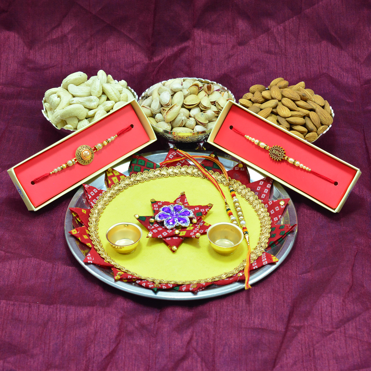 Magnificent Chunri work Rakhi Pooja Thali with 3 Types of Luscious Dry Fruits
