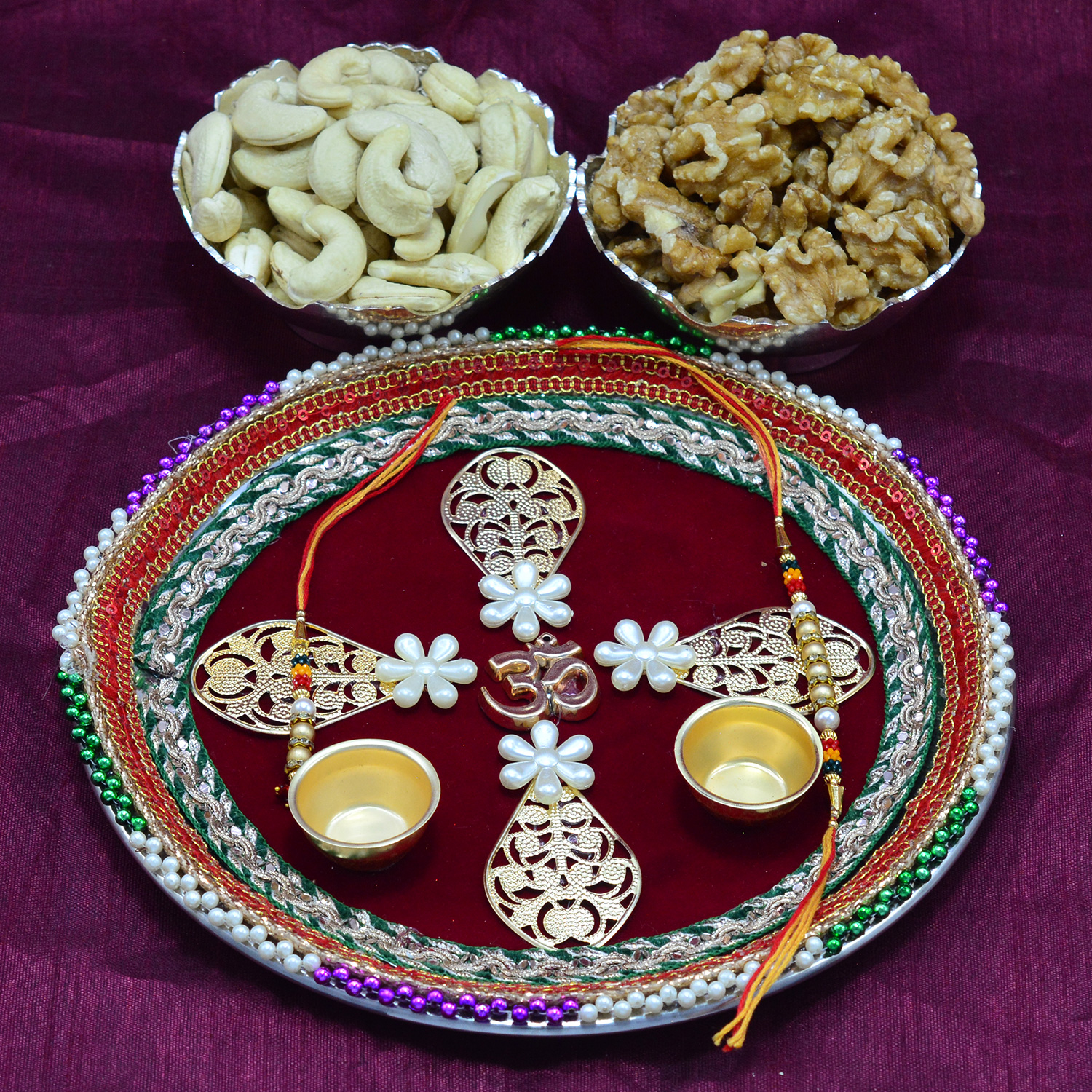 Gorgeous Center OM Crafted Traditional Pooja thali with Delicious Cashew and Walnut