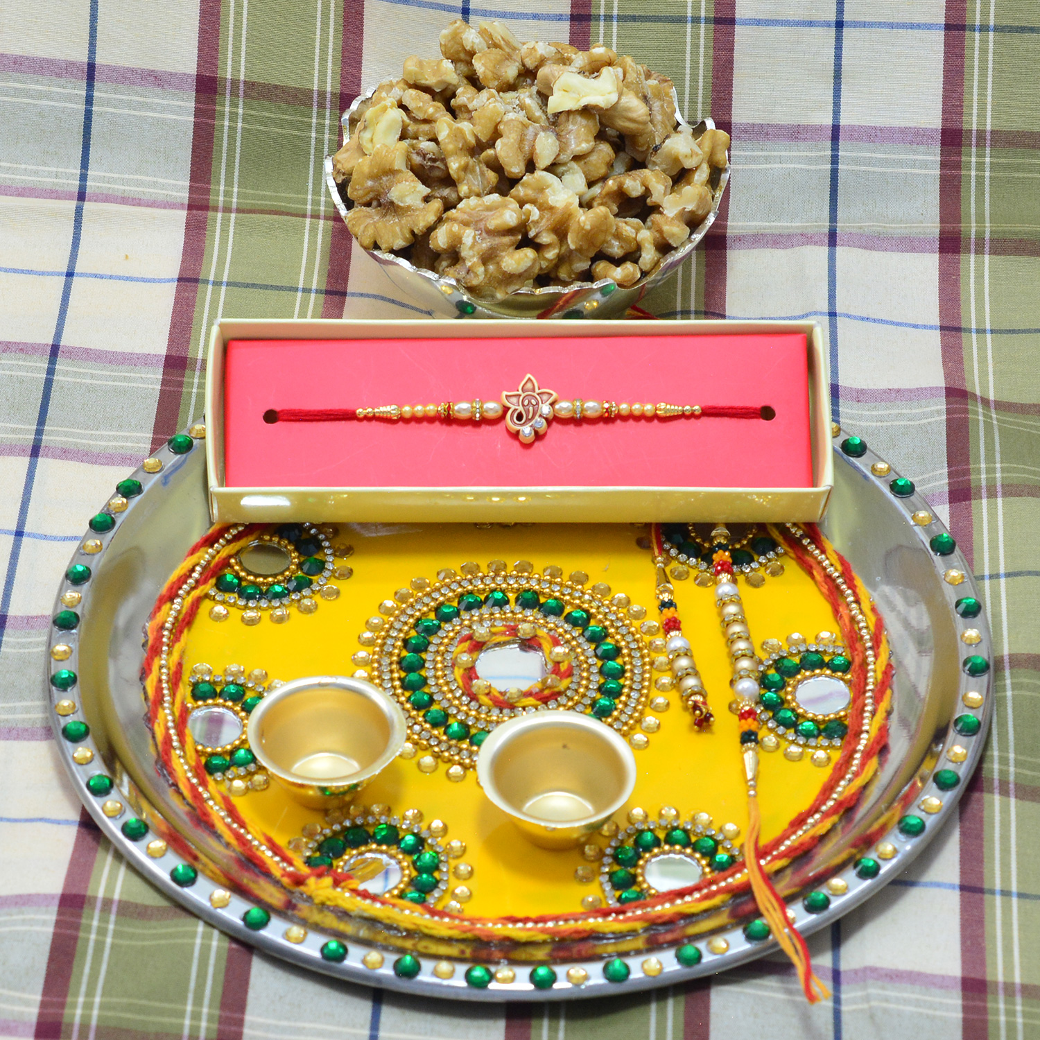 Awesome Crafted Pooja Thali with palatable Walnut Dry Fruit