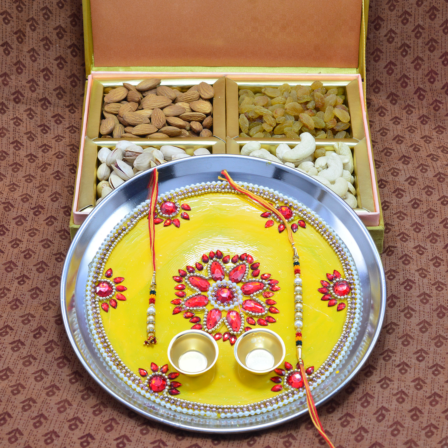 Magnificent Flower Design Rakhi Pooja Thali with 4 Types of Delicious Dry Fruits