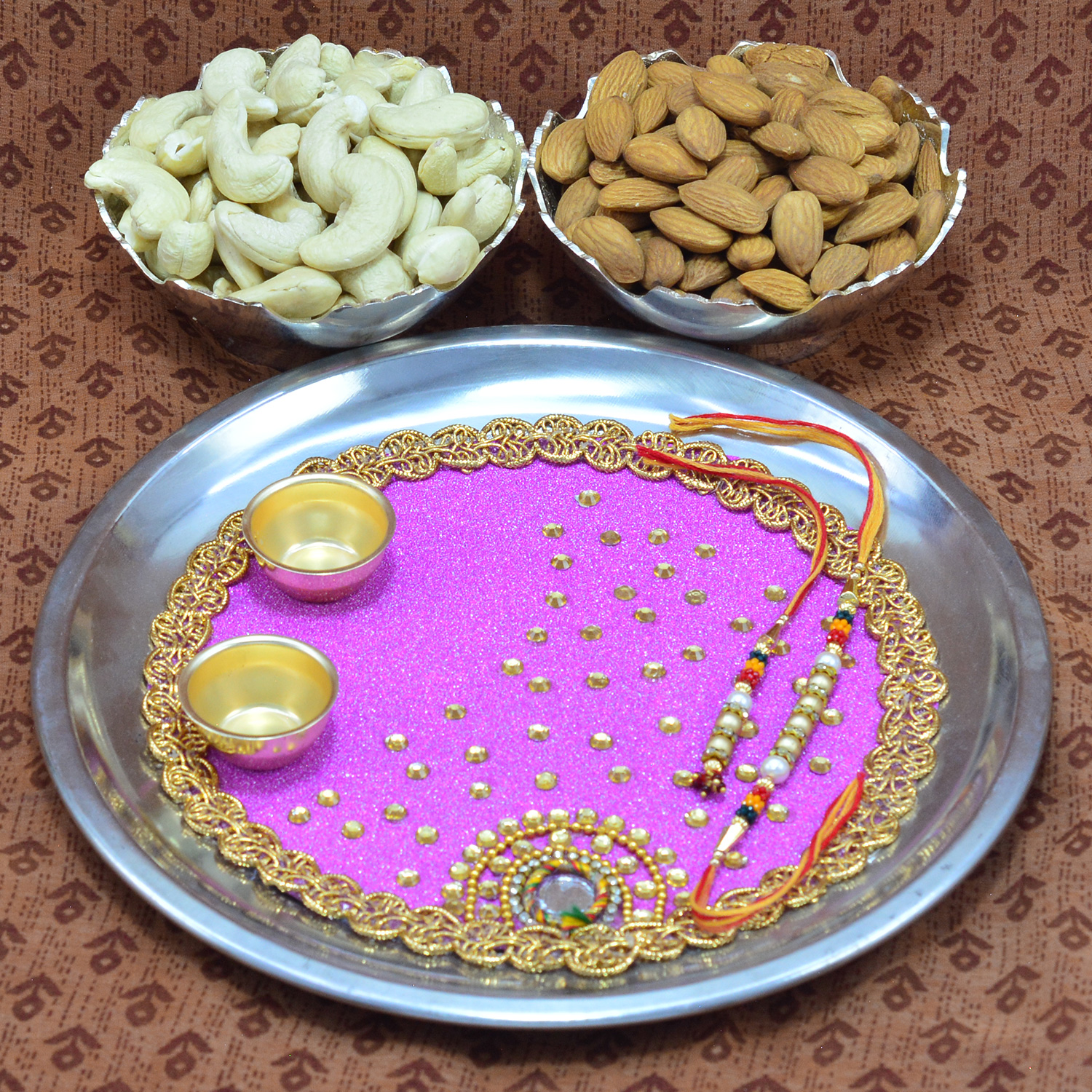 Awesome Crafted Rakhi Pooja Thali with Cashew and Almond dry fruit