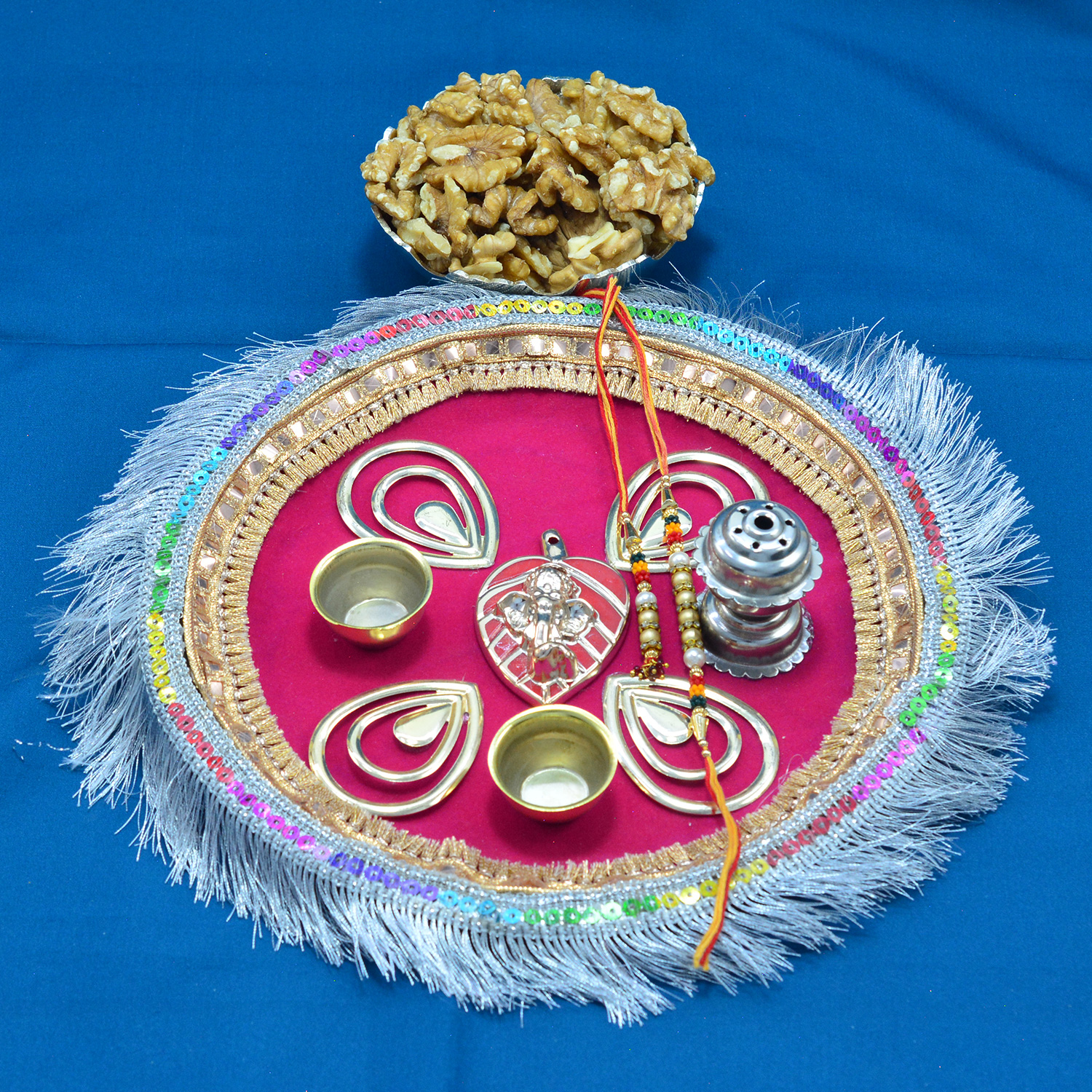 Fascinating Crafted Rakhi Pooja Thali with Luscious Walnut
