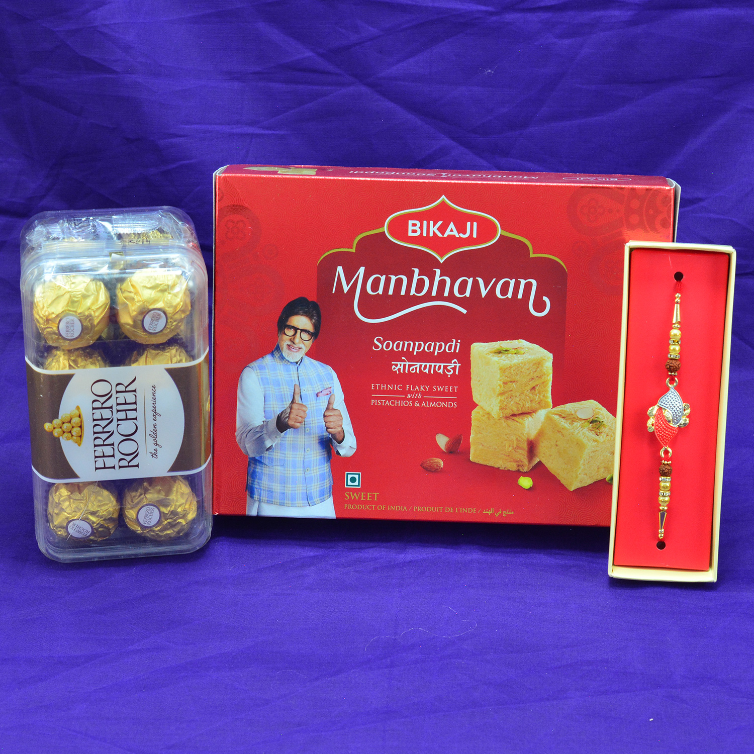 Exclusive Golden Beads Rakhi with Soanpadi and Premium 16 pcs Ferrero Rocher