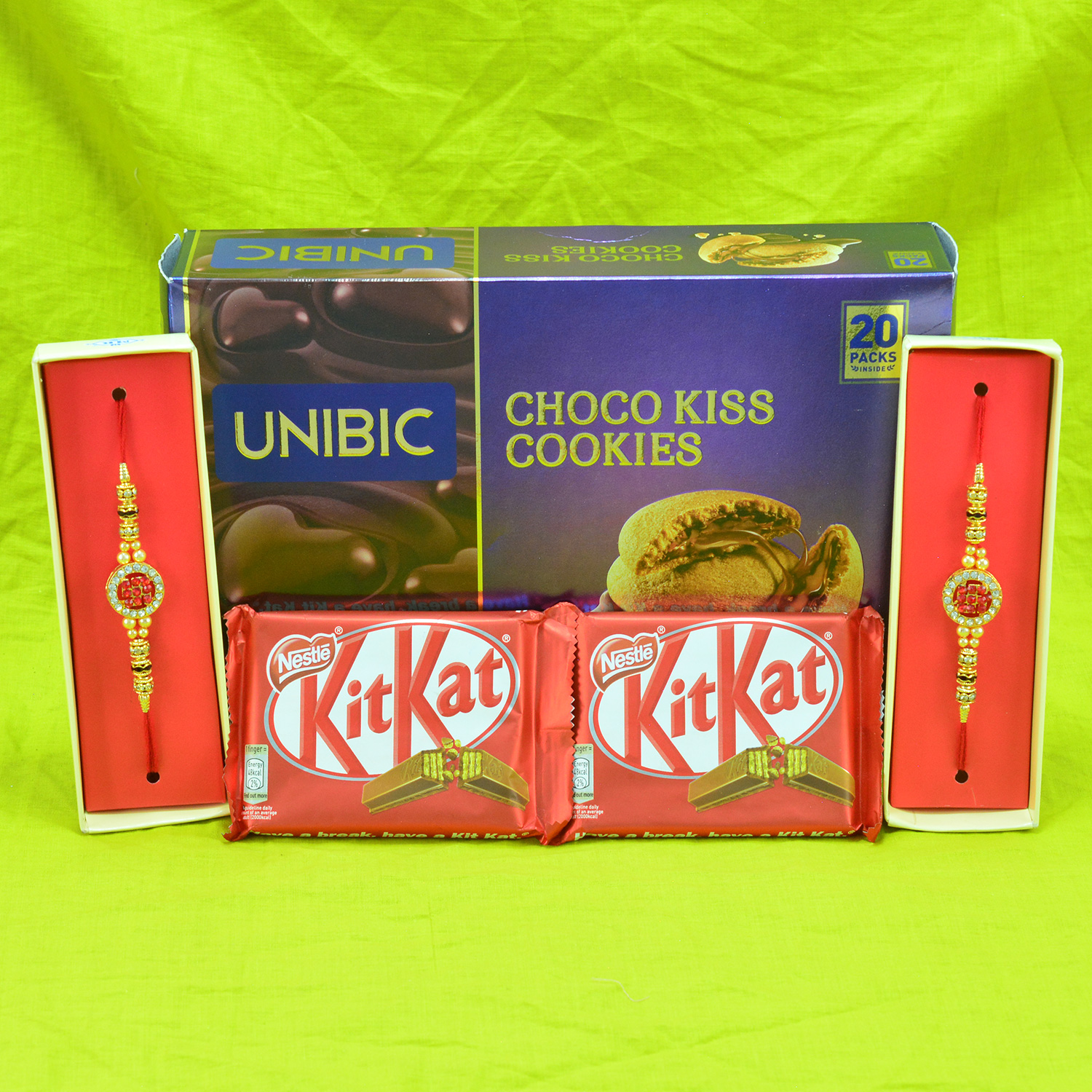 Attractive 2 Multicolor Rakhi with Yummy Choco Kiss Cookies and 2 Kitkat Chocolates