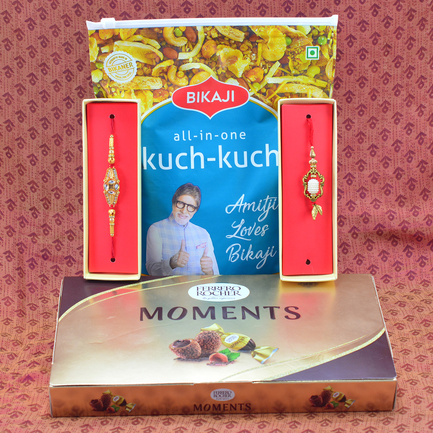 Miraculous Pearl Bhaiya Bhabhi Rakhi with luscious Ferrero Rocher Moments and peppery Bikaji All in one kuch kuch