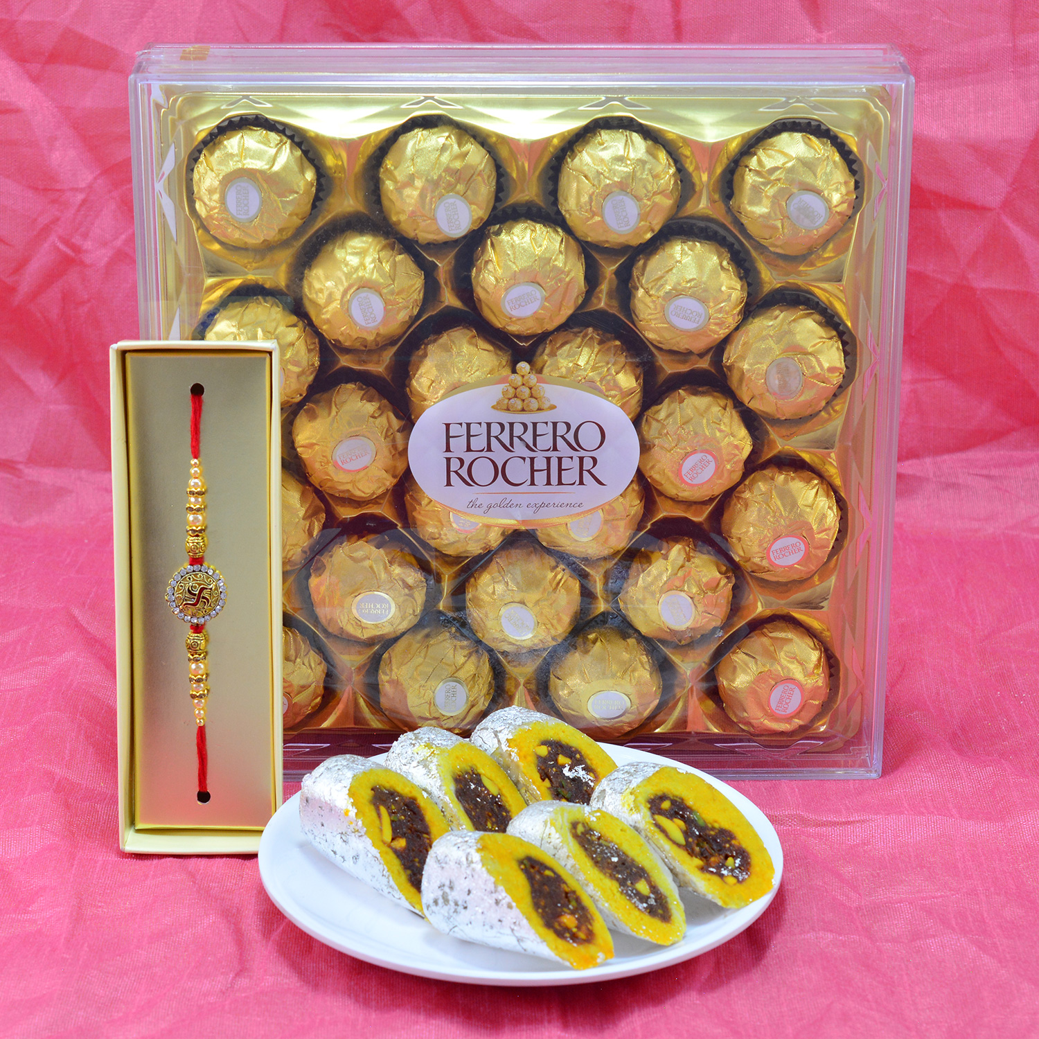 Gorgeous Round Shape Diamond Jewel Rakhi with Mouthwatering Kaju Raj Bahar and Delicious 24 Pcs Ferrero Rocher