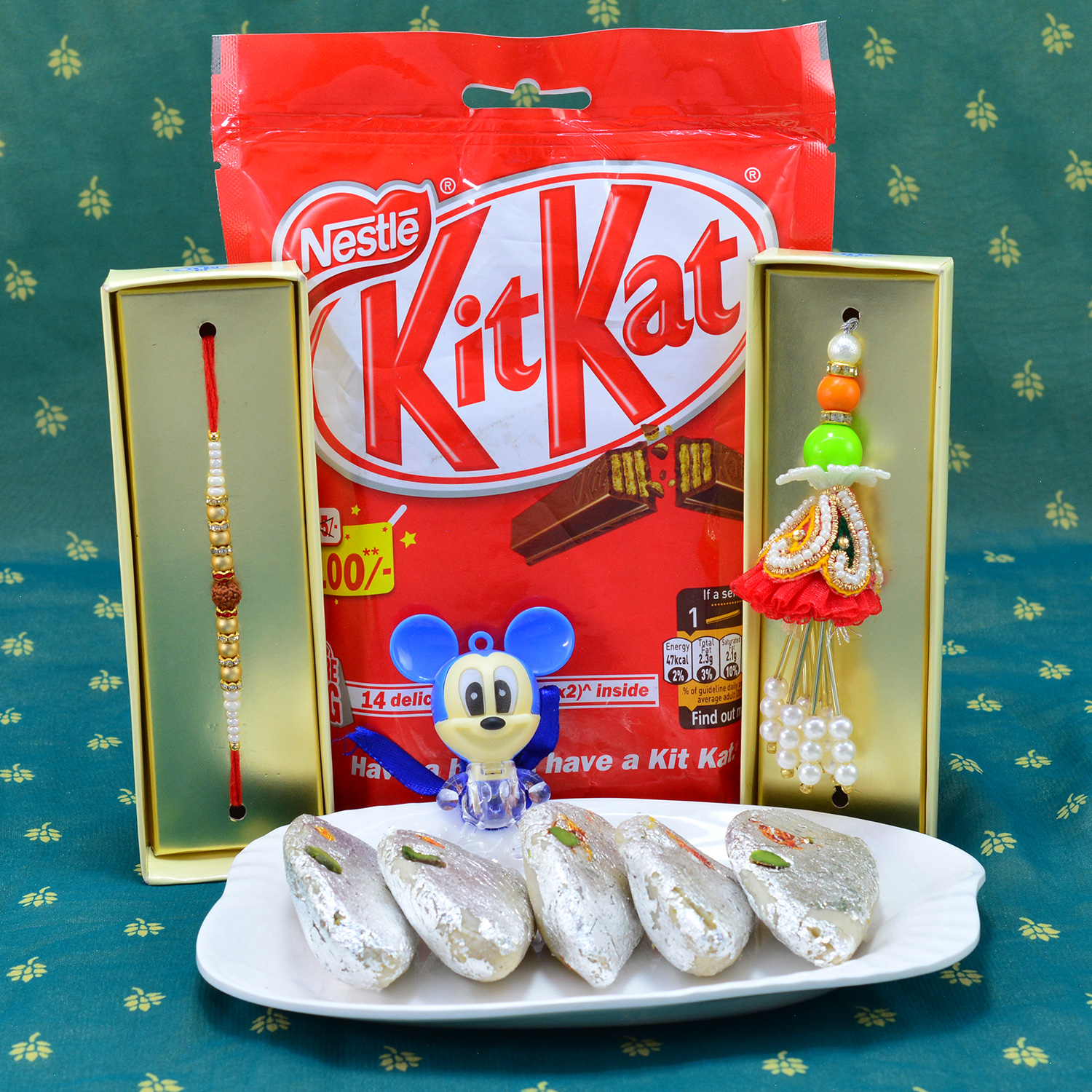 Spectacular Beads Bhaiya Bhabhi Rakhi with Kids Rakhi and Luscious Kaju Gujia with Yummy Nestle Kitkat Chocolate Hamper