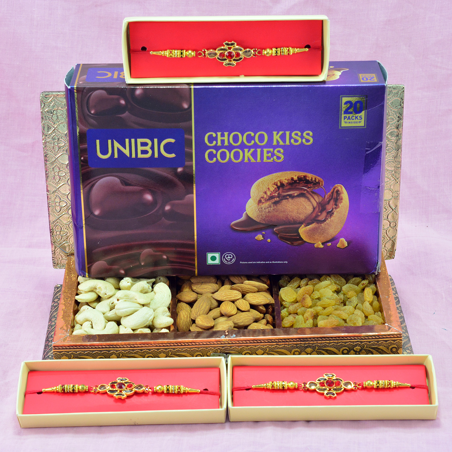 Amazing Diamond Stud Jewel Rakhis with Luscious 3 Types of Dry Fruit and Delicious Choco Kiss Cookies
