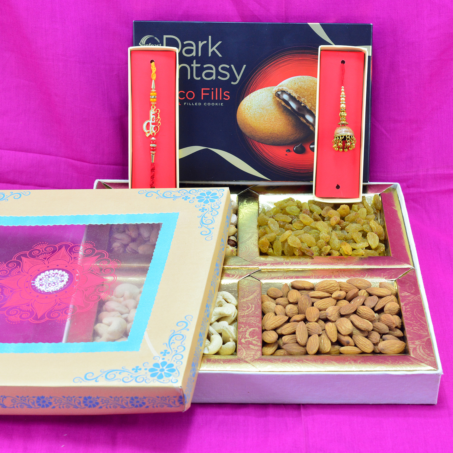 Aristocratic Veera Bhaiya Bhabhi Fancy Rakhi with delicious 4 Types of Dry Fruits and Luscious Dark Fantasy Cookies