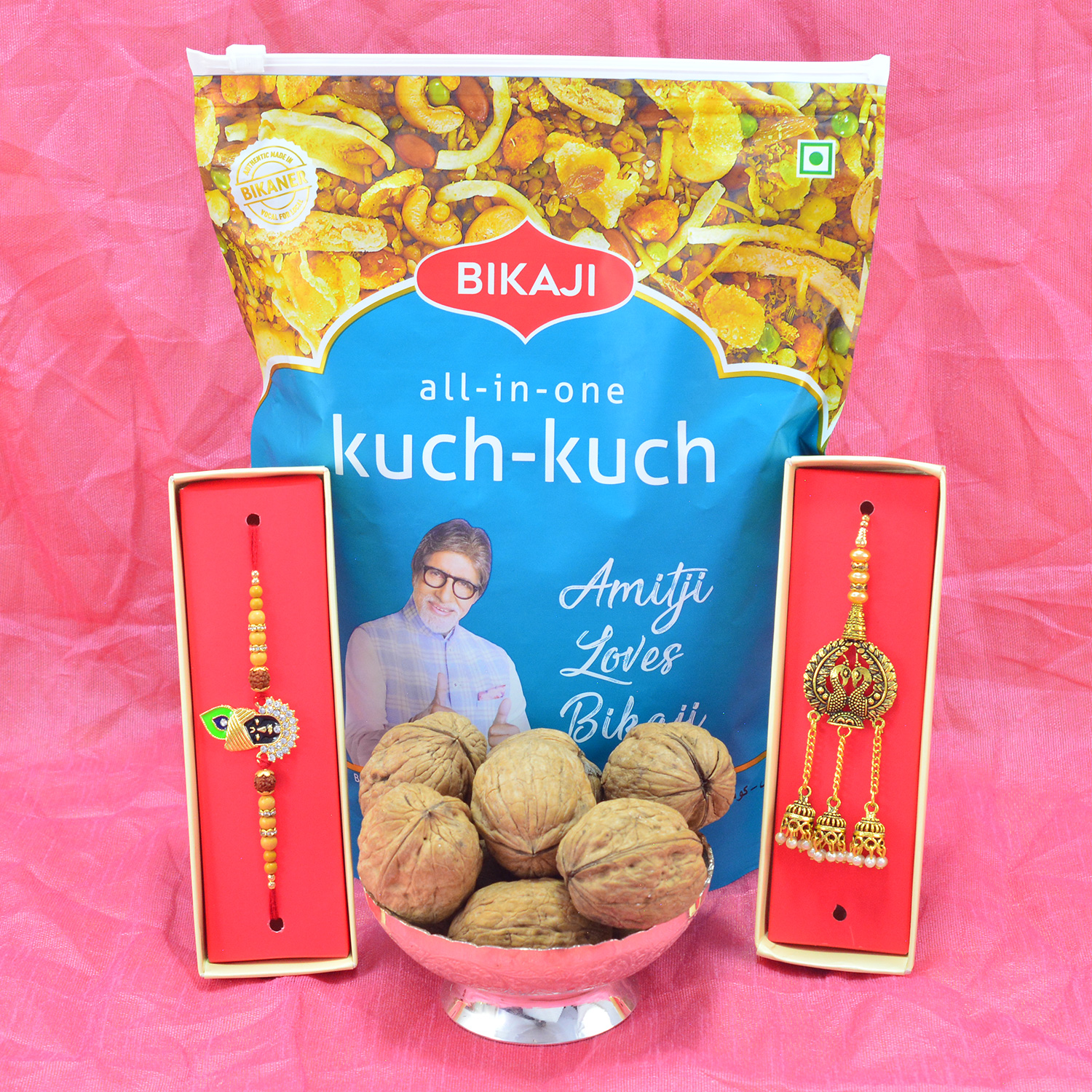 Stunning Golden Beads Bhaiya Bhabhi Rakhi with Tasty Walnuts and Luscious Bikaji Kuch Kuch